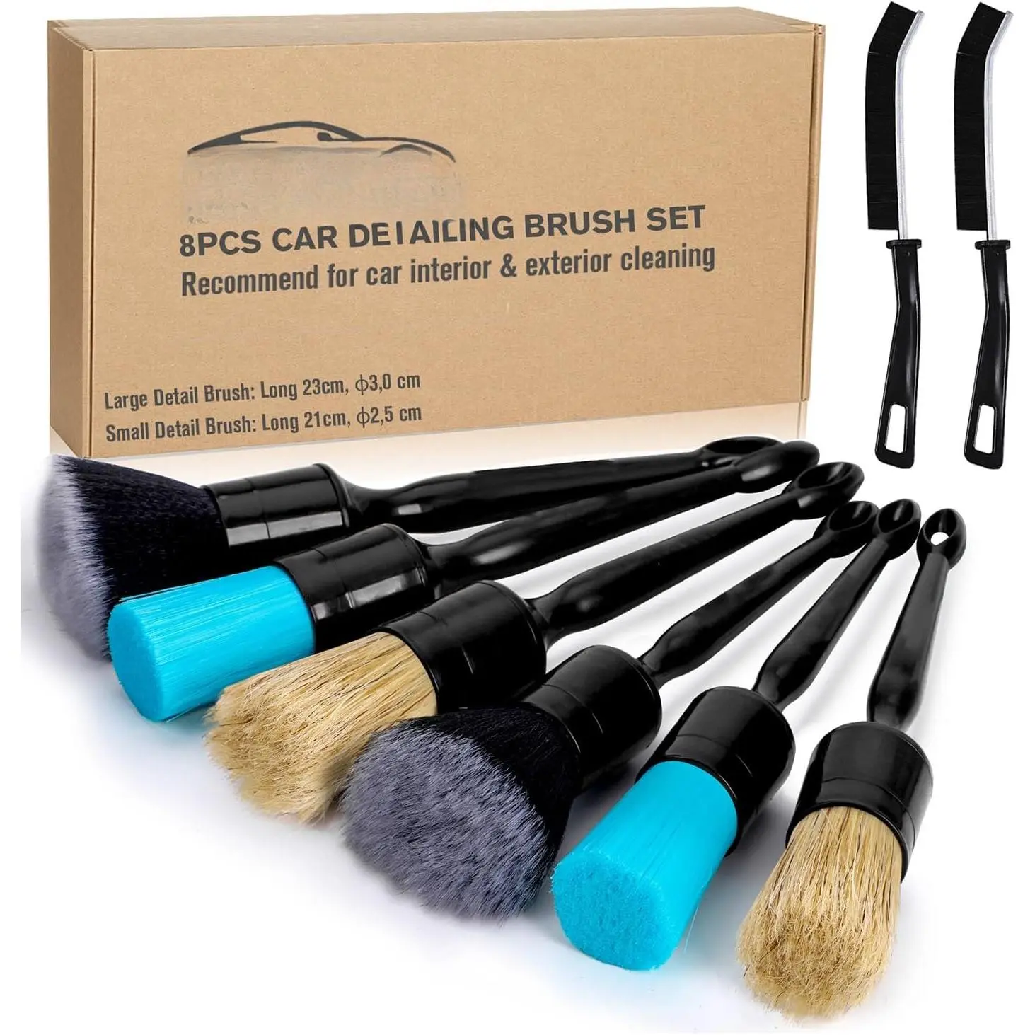 Detailing Brushes Set, 8- Auto Detail Cleaning Brush Tool Kit in Ultra-Soft/Middle/Hard, Crevice Brush for  Interior & Exterior, Leather, Air Vents, Emblems, Wheels Wash & Care