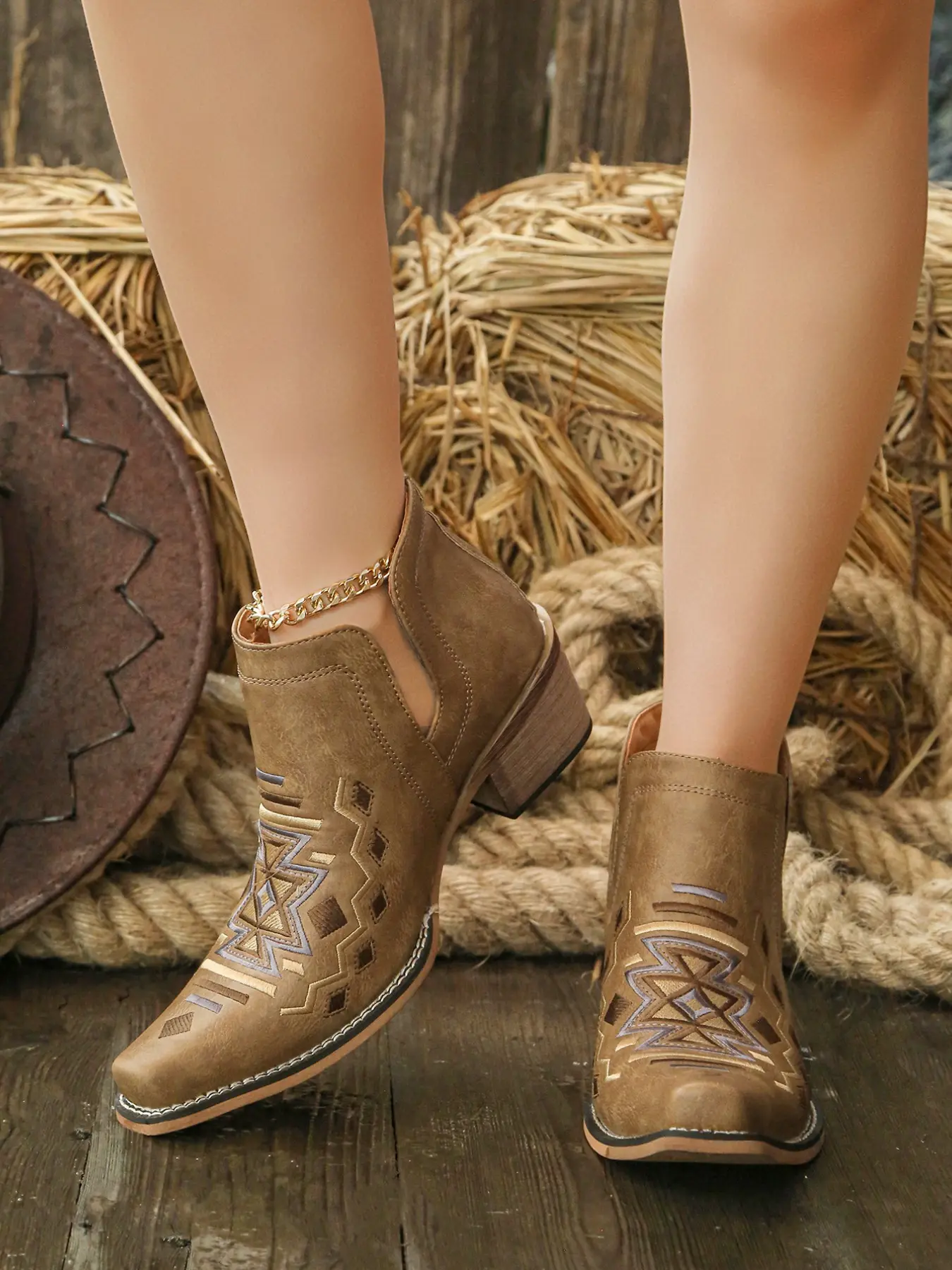 2026 New American Retro Western Cowboy Fashion Bare Boots, Multi-Color V-Neck Pointed Heel Ankle Short Boots, Geometric Hollow Out Floral Design, Embroidered Cowboy Boots, Vintage Rodeo Boots