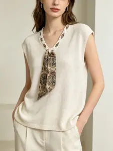 French Vintage Print Scarf V-Neck Knit Vest for Women, Summer Sleeveless Top, Office Wear, Versatile and Slimming