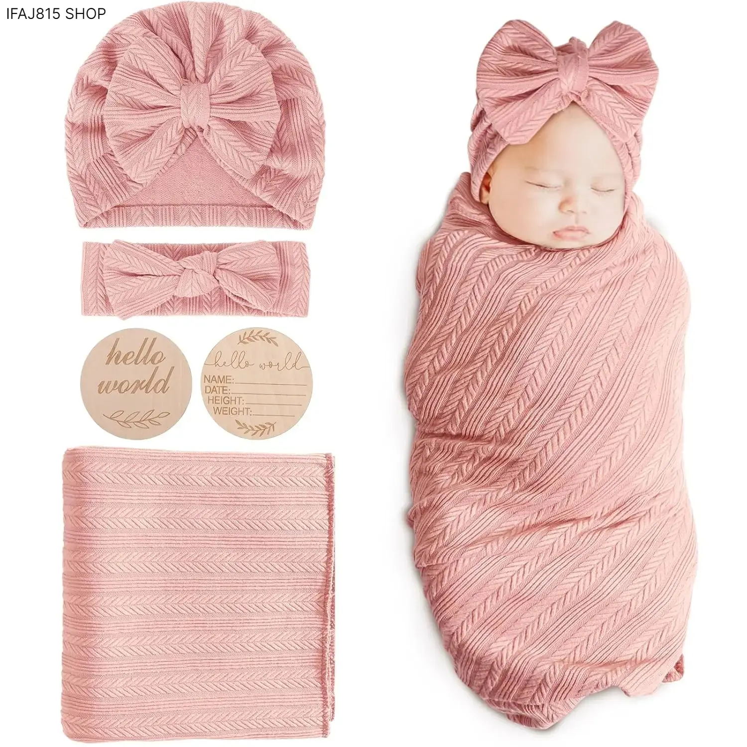 Plain Polyester Blend Blankets & Throws for Girls, 4-Piece Infant Swaddle Set with Hat and Headband, Soft and Stretchy, Stretch Poly, Swaddle Blanket & Matching Hat Set, 0 - 3 Months, Newborn Baby Stuff, Skin Friendly