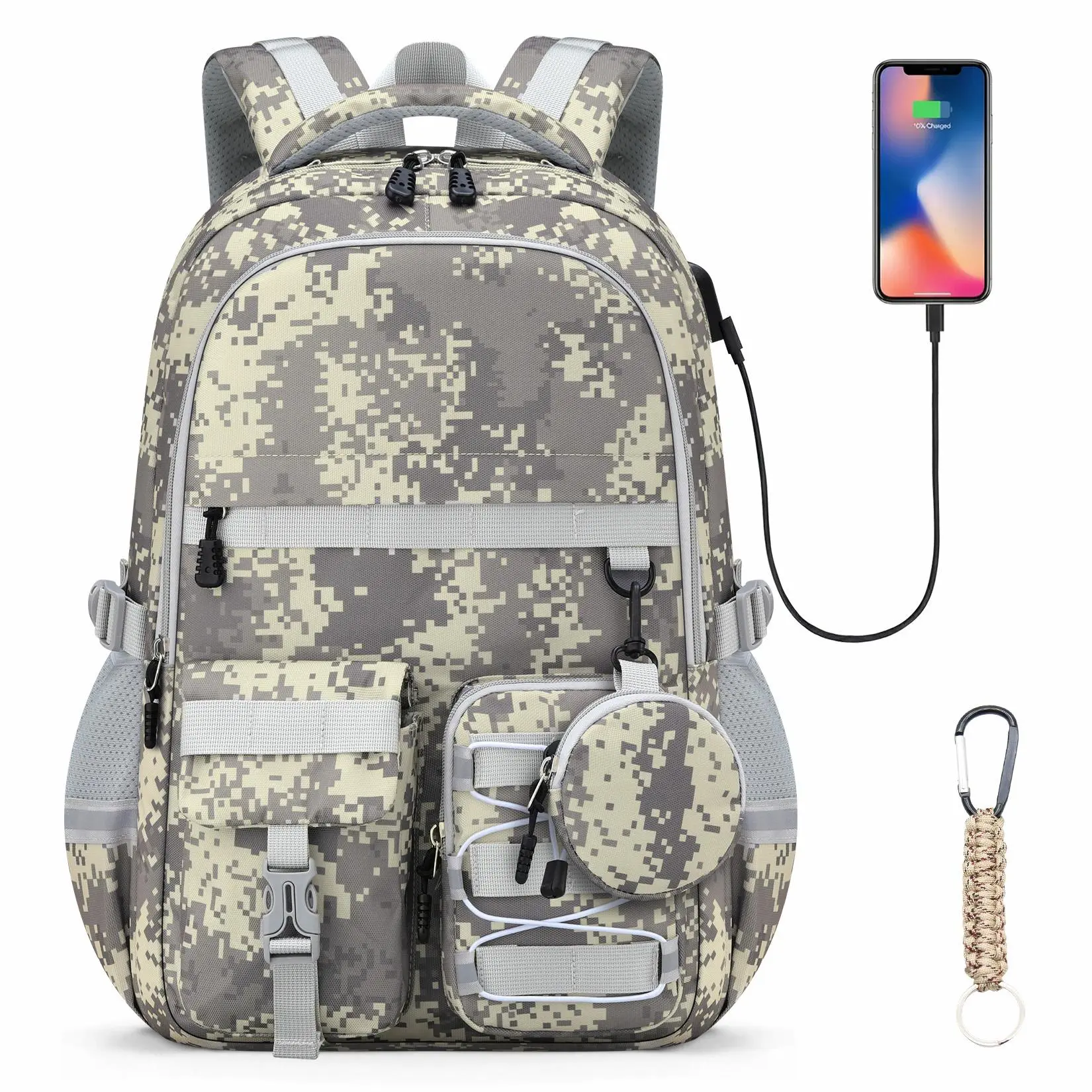 Boys' 18in Camo Youth Backpack - Waterproof Nylon Versatile School Style Backpack, Back to School Large Capacity Functional Bookbag with USB Charging Port, Keychain for Kids Teens