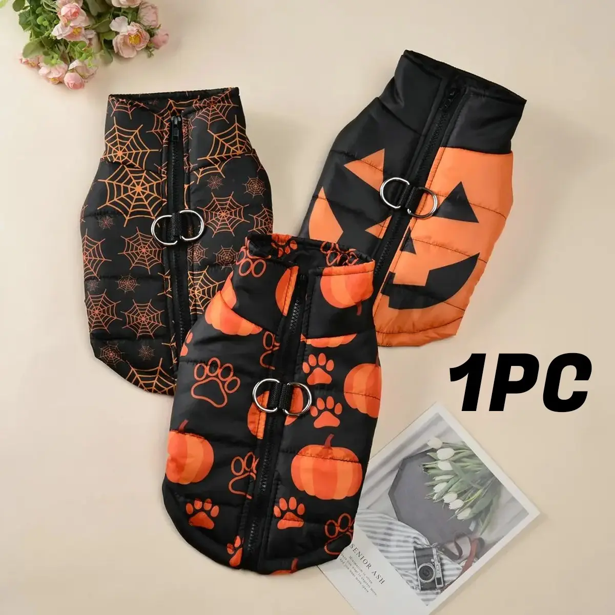 Halloween Pet Vest, Pumpkin Paw Print Spider Web Print Waterproof Pet Clothes, Zipper Comfortable Coat, Thick Warm Outerwear for Dogs Cats