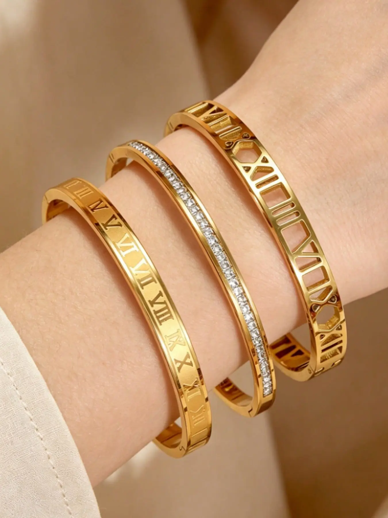 Fashion 18k Gold Plated Stainless Steel Bracelet, Women's Daily Wear, Roman Numerals, Geometric Design, Party, Wedding Accessory