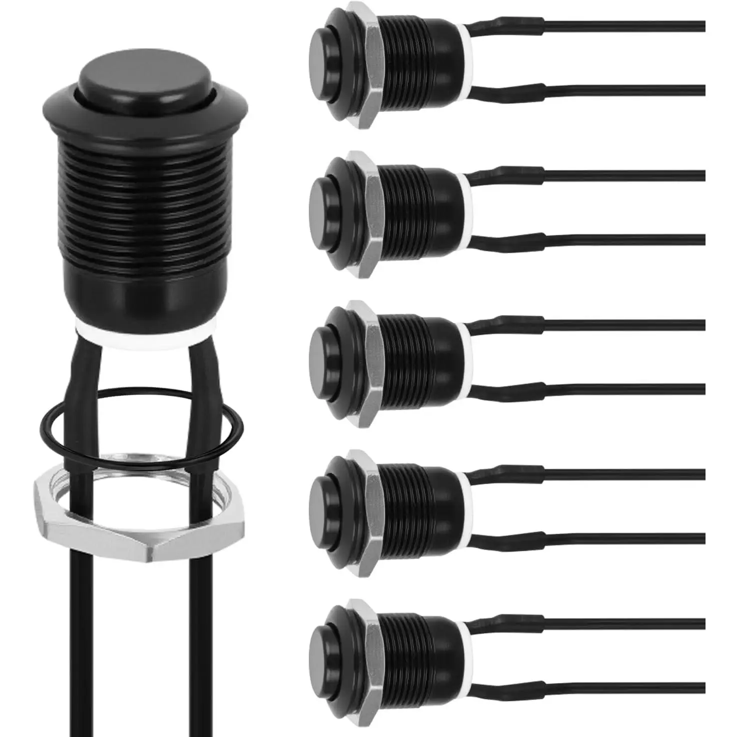 Nilight 12mm Round Momentary Push Button Switches (6PCS) - Metal Body Pre-Wired Set, 12V Waterproof Black 2-Pin AC/DC Power Switches for Car, Marine Use