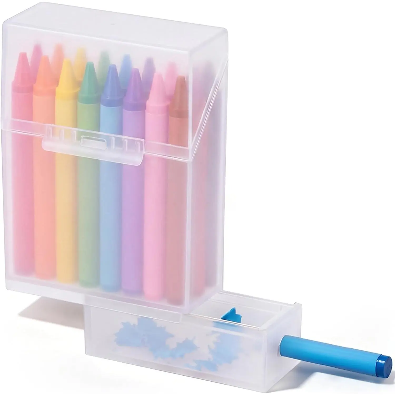 2 in 1 Plastic Crayon Box with Sharpener Holds 24, Clear Organizer Case with Hinged Lid & Snap Closure, Colorful Art Craft School Supplies for Boys Girls Kids Classroom