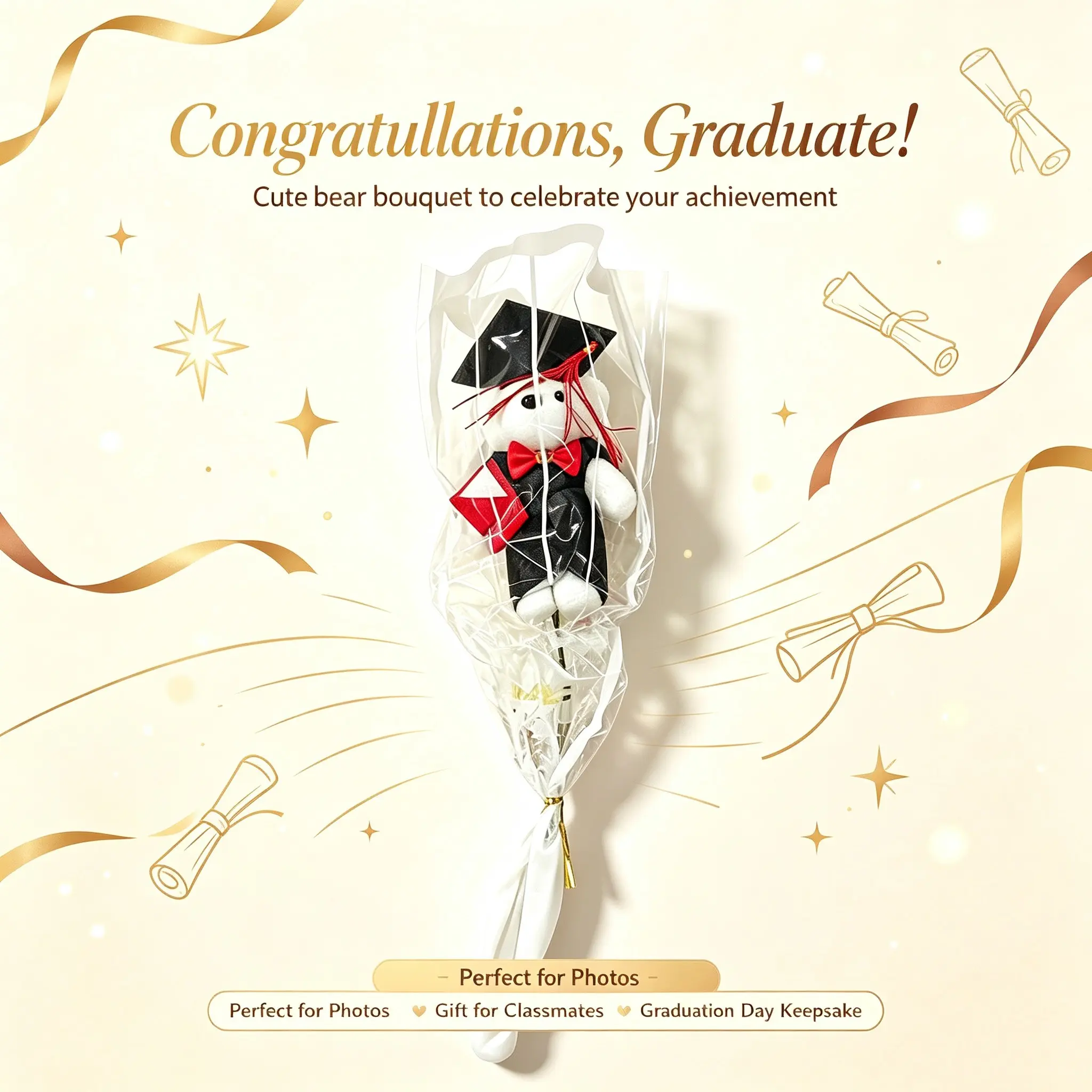 Cute Grad Teddy Bear Single Flower, Memorable Grad Gift for Classmates, Long Lasting Graduation Souvenir, No Wilt Forever Keepsake