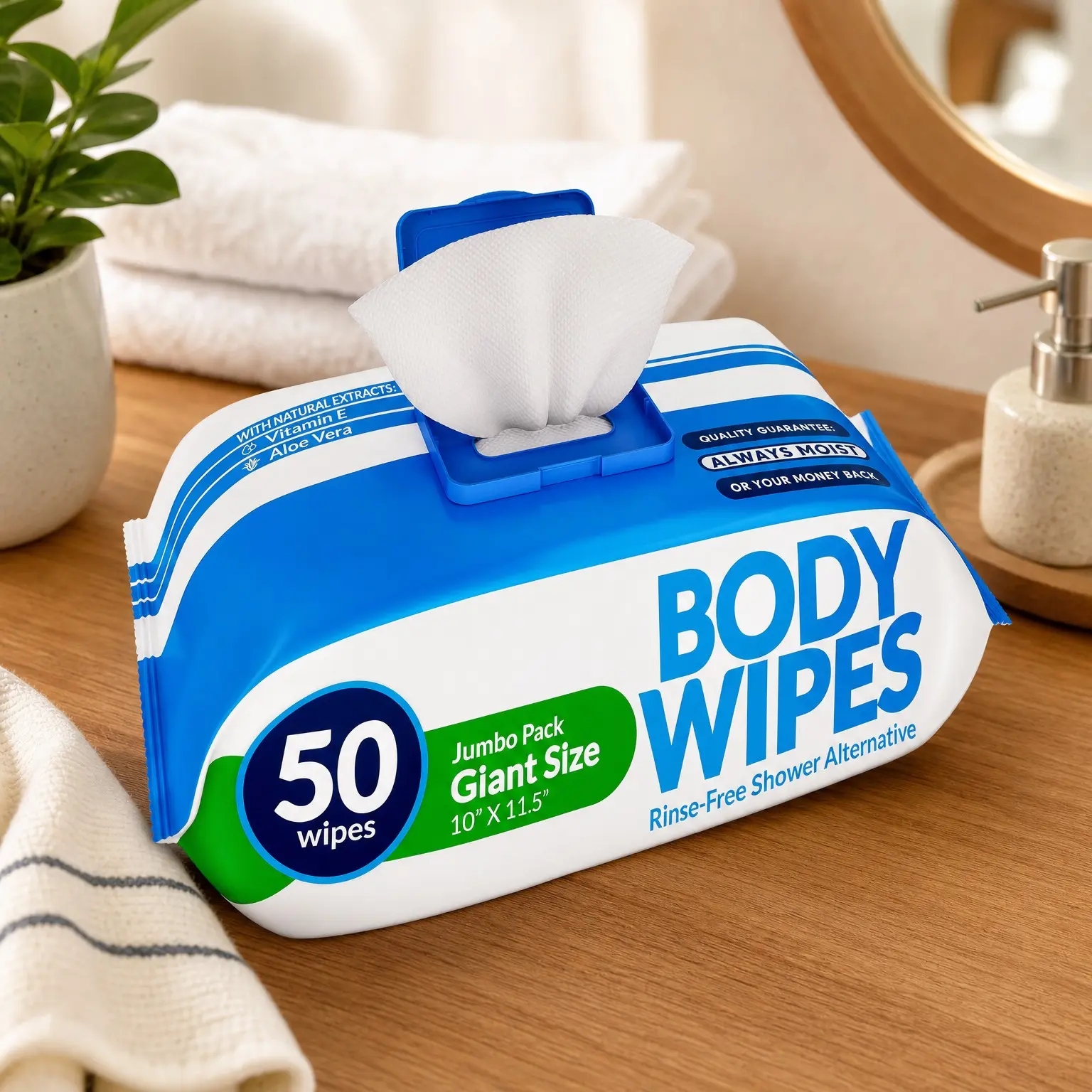 Extra Large Adult Body Wipes for Bathing – 50 Count + 4 Travel Shower Wipes, 10"x11.5" Thick No-Rinse Cleansing Washcloths for Elderly, Incontinence, Men & Women, Camping Essentials Disposable Bath Sheets