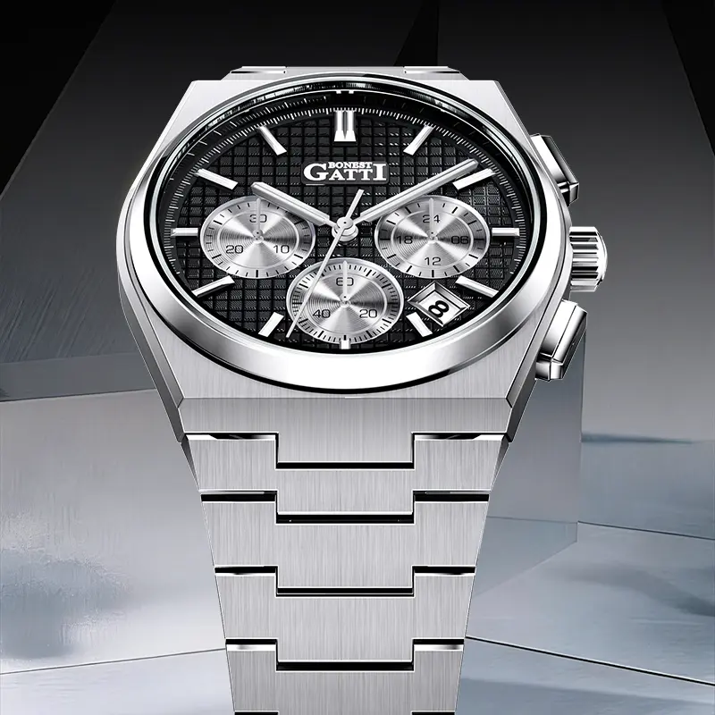 BONEST GATTI Mens Quartz Chronograph Wristwatch 42mm Dial 316L Stainless Steel Case And Bracelet Butterfly Buckle Business Casual Male Wrist Watch 9.6mm Thin Dial 121.4g Light Weight Fashion Dress Watch Luxury Timepiece Gift For Men Gentleman Daily Wear