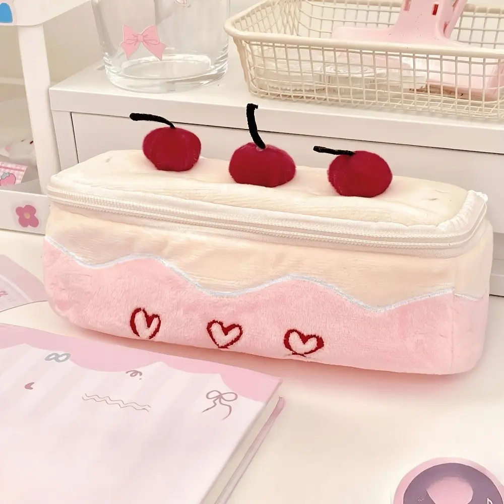 Cute Cherry Cake Plush Marker Box, Large Capacity Stationery Pencil Organizer, Multi-Functional Storage Bag, Essential for School Supplies