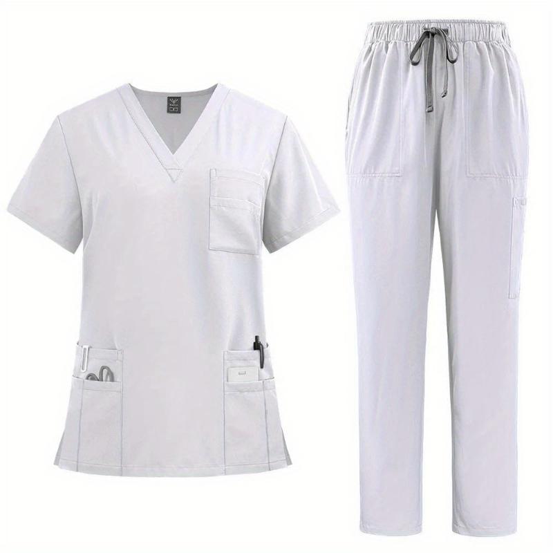 New2025Women's Professional Scrubs Suit - Comfortable Fit, V-neck Top With Pockets And Straight-leg Pants Doctors And Nurses