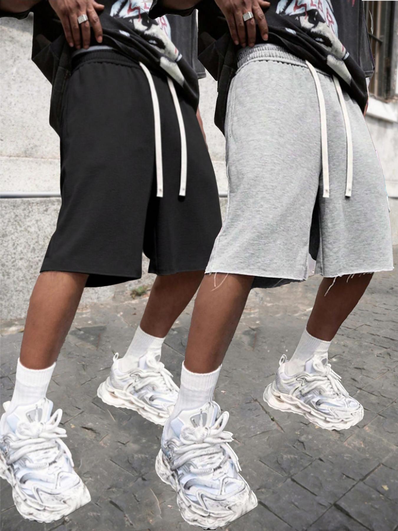 Men's Street Style Raw Hem Solid Color Shorts, Basic High-Street Skateboard Style, Summer Casual Wear, Shorts