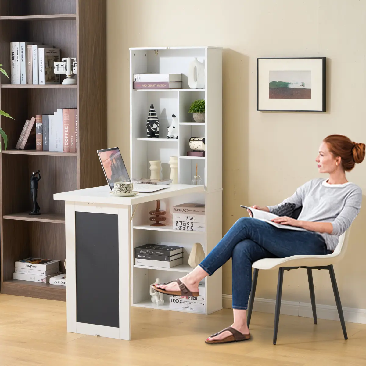Sturdy White Rectangular Wall-Mount Fold-Out Convertible Writing Desk - 3-Level Metal Stable Murphy Desk with Blackboard, Storage Shelves, Multi-Level Design, Writing Blackboard Function, Space-Saving Office Furniture for Home Office, Living Room