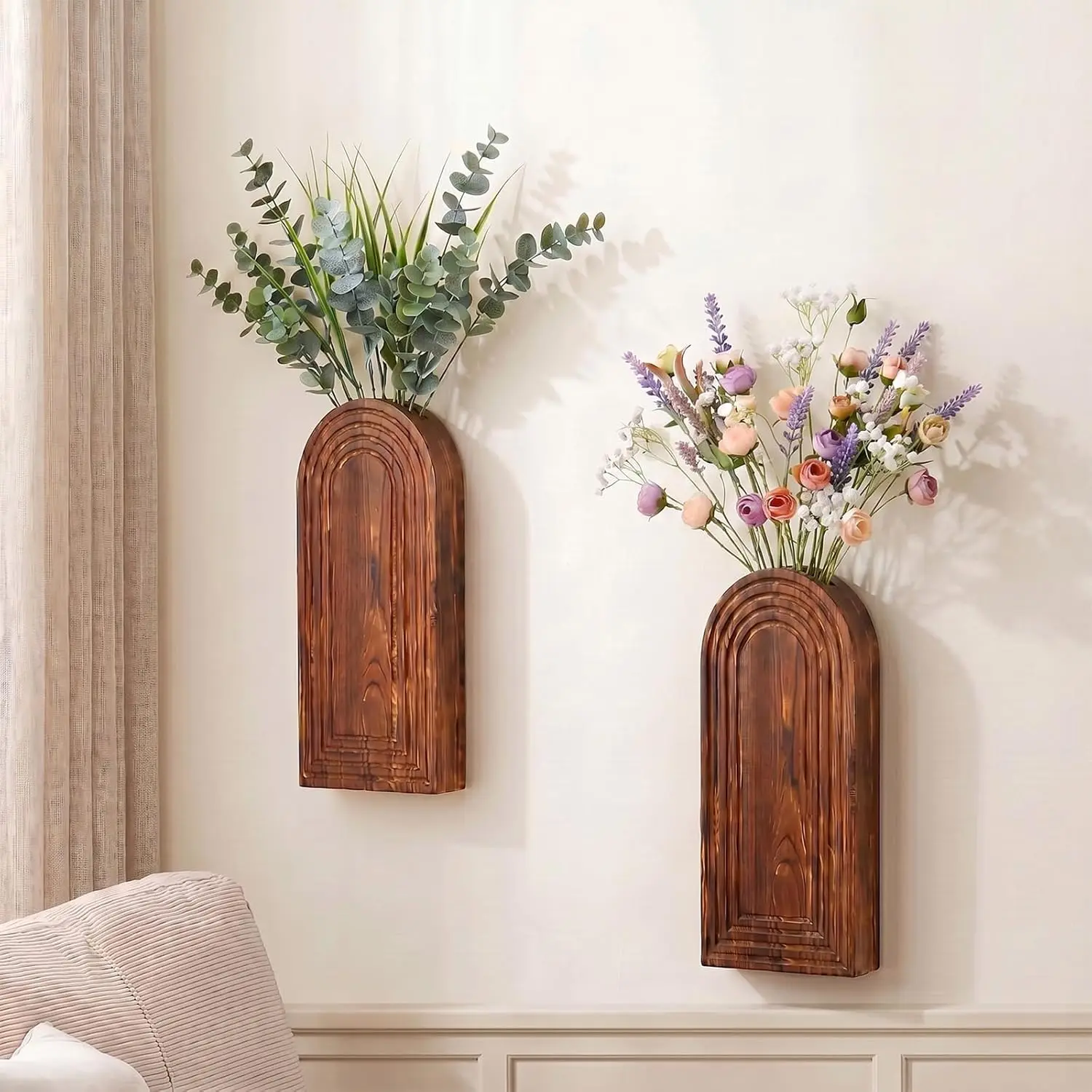 2 Pack Wooden Wall Vase Set, YOPIKUU Brown Boho Hanging Wall Planter Vase |   Modern Boho Wall Decor, Farmhouse Entryway Bathroom Wall Decor, Rustic Art for Living Room, Bedroom, Bathroom, Dining Room