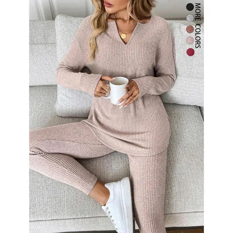 2pcs/Set Women's Casual  Plush Rib-Knit Long Sleeve T-Shirt And Leggings Suit, Autumn/Winter