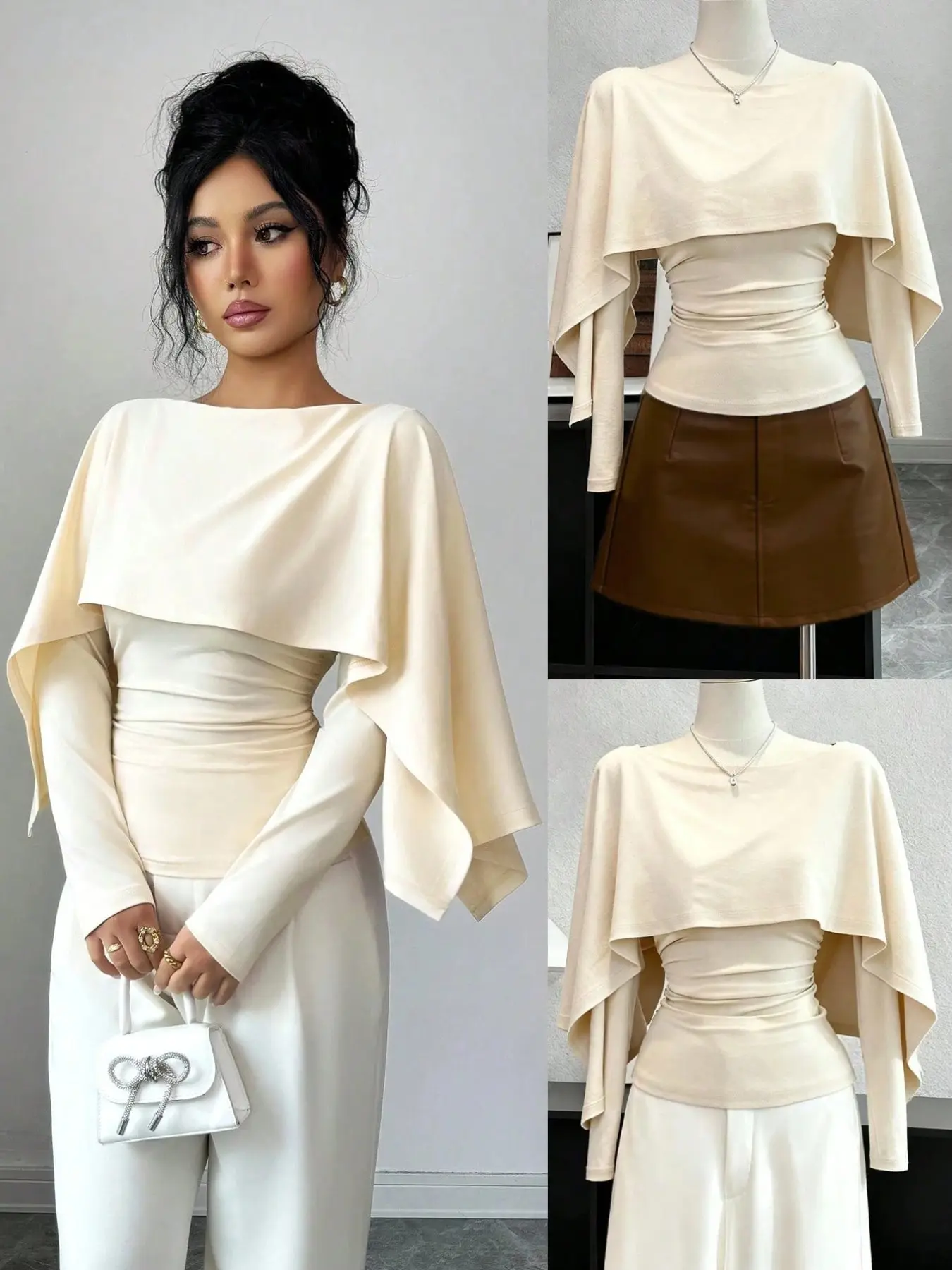 New Design Women's Shawl Neck Long Sleeve Stretch Knit Top, Elegant Daily Wear, Slim Fit T-Shirt, Versatile and Stylish