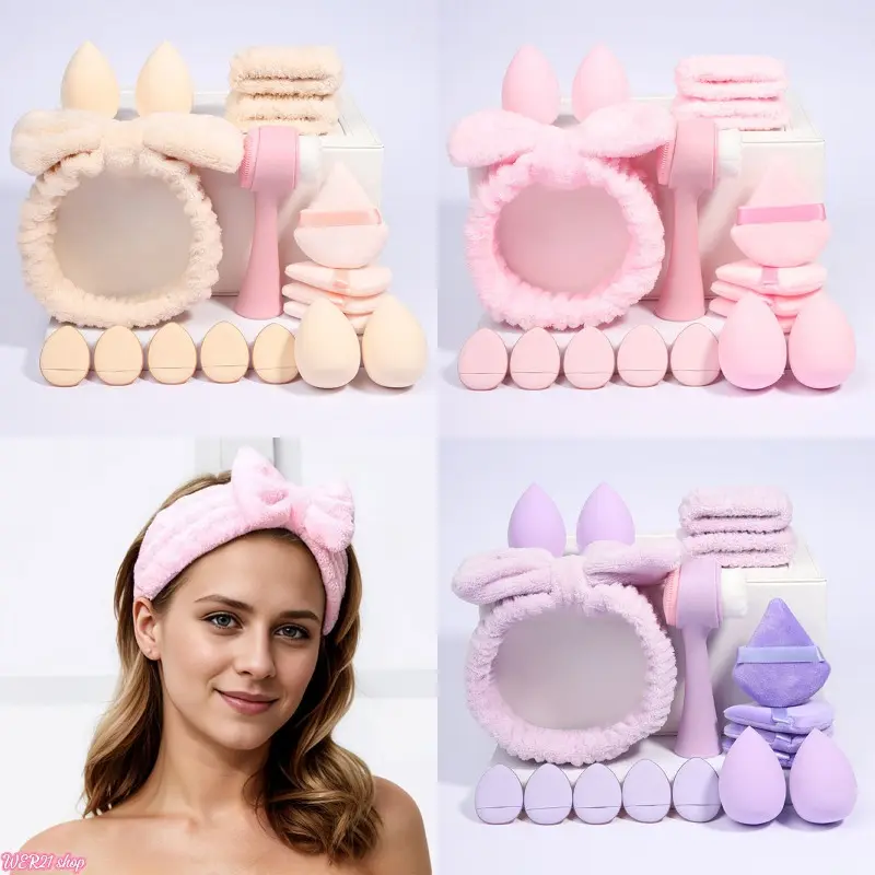 Soft Makeup Beauty Kit Set | Viral 2026 Sponge Blender Triangle Thumb Puff, Coral Fleece Spa Headband Hair Claw Clips, Gentle Facial Cleansing Cosmetic Tool for Daily Skincare Makeup Girls Beauty Gift