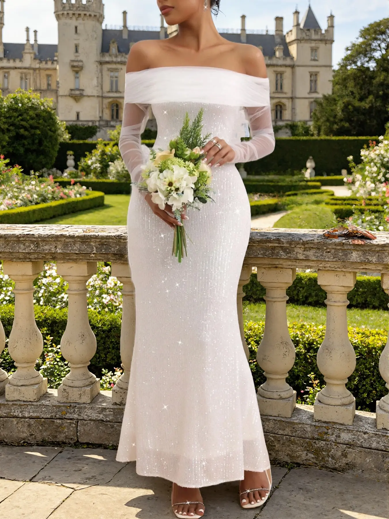 Women's Off-Shoulder Long Sleeve Sequin Mermaid Maxi Wedding Dress, Back Tie Long Bride Gown, Elegant Formal Evening Bridesmaid Dress Elegance