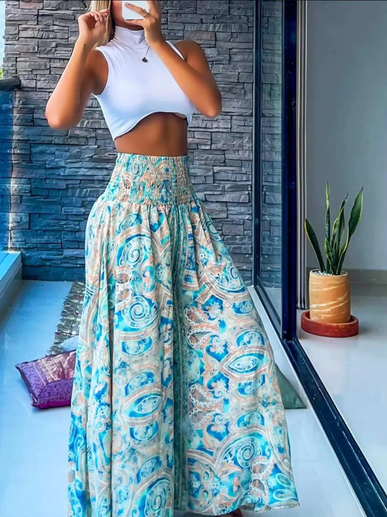 Boho Bohemian Ethnic Paisley Print Wide Leg Baggy Bottom Pants, Flowy Palazzo Trousers, Loose Fit High Waist Elastic Waistband, Breathable Summer Beach Pants, Long Trousers for Women