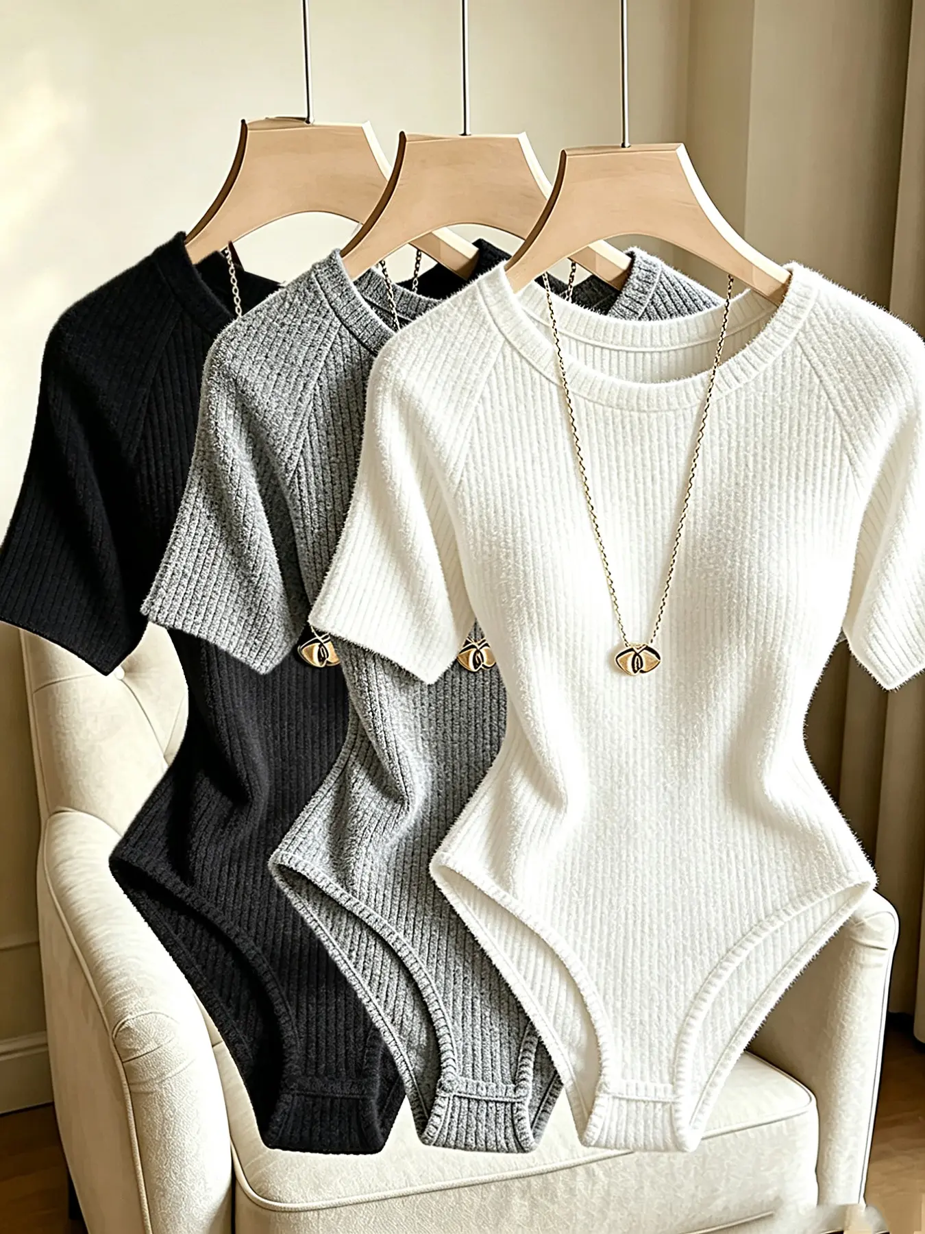 Elegant Women's Ribbed Brushed Round Neck Romper Set, High Stretch Tight Fit Bodysuit, 3-Piece Fashionable Casual for Daily Wear