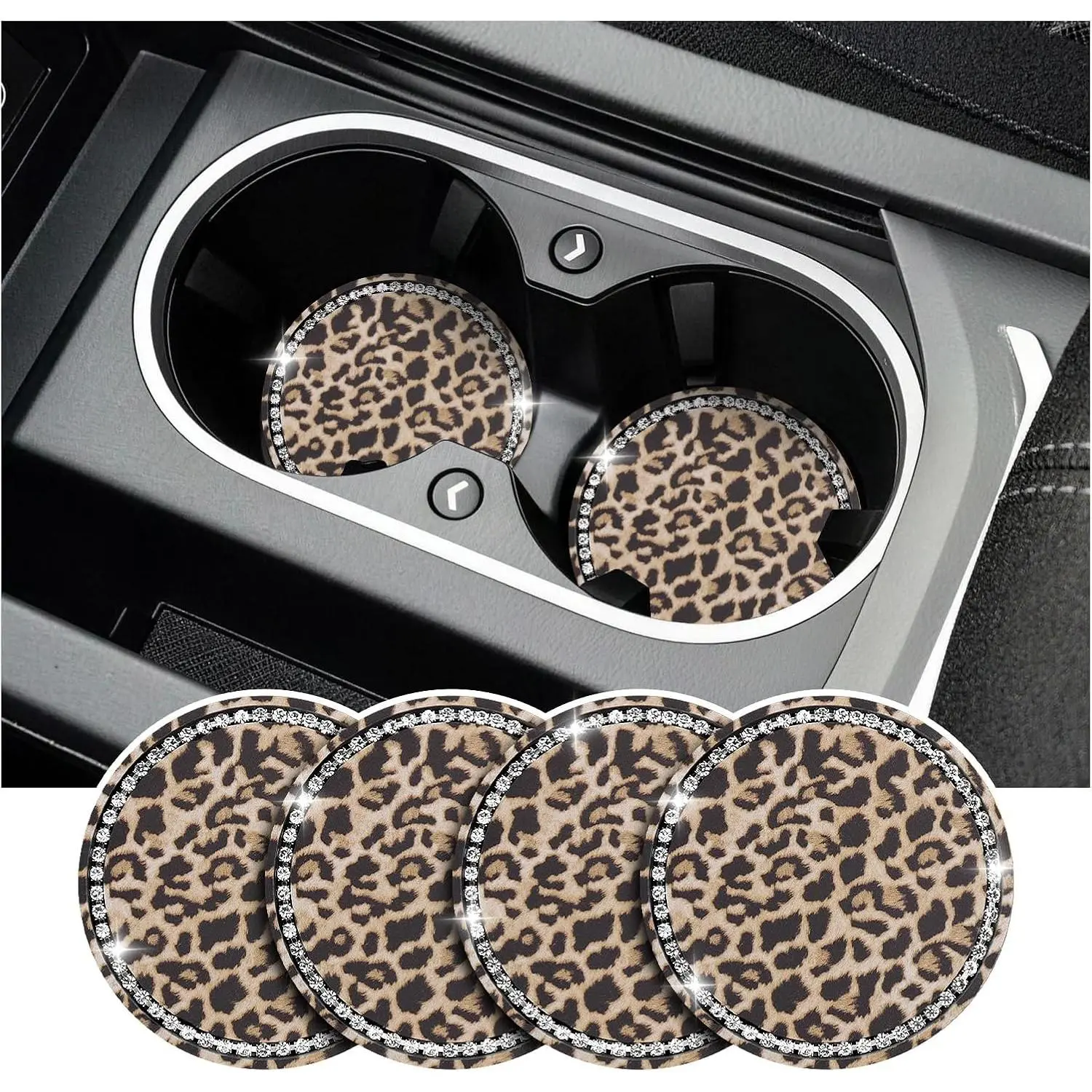 4 count Rhinestone & Leopard  Coasters for Cup Holders as Gifts | Anti-Slip 2.75"  Cup Coasters Protect Cup Holders,Easy-to-Clean  Cups Holder Coaster for Women & Girls