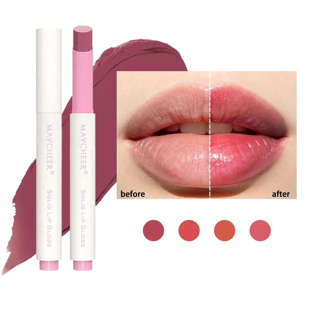 Press Solid Lip Gloss Stick, Mirror Glass Shine Jelly Lip Balm Pen with Nourishing Essence, All Day Hydrating Non-Drying Plumping Lip Tint, Lightweight Transparent Lip Makeup, 4 Shades Available, Tinted Lip Gloss