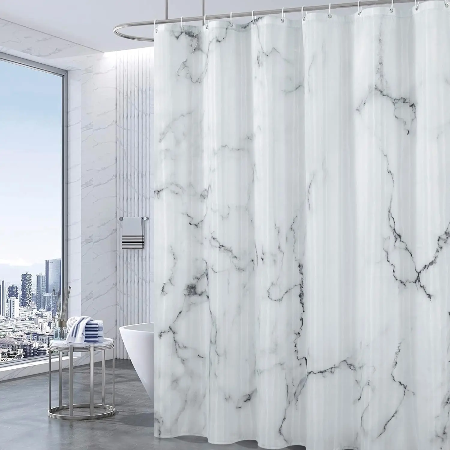Grey White Marble Shower Curtain Set with 12 Hooks, Abstract Modern Luxury Gray White Marble Shower Curtains for Bathroom,  Fabric, 72" W X 72" L