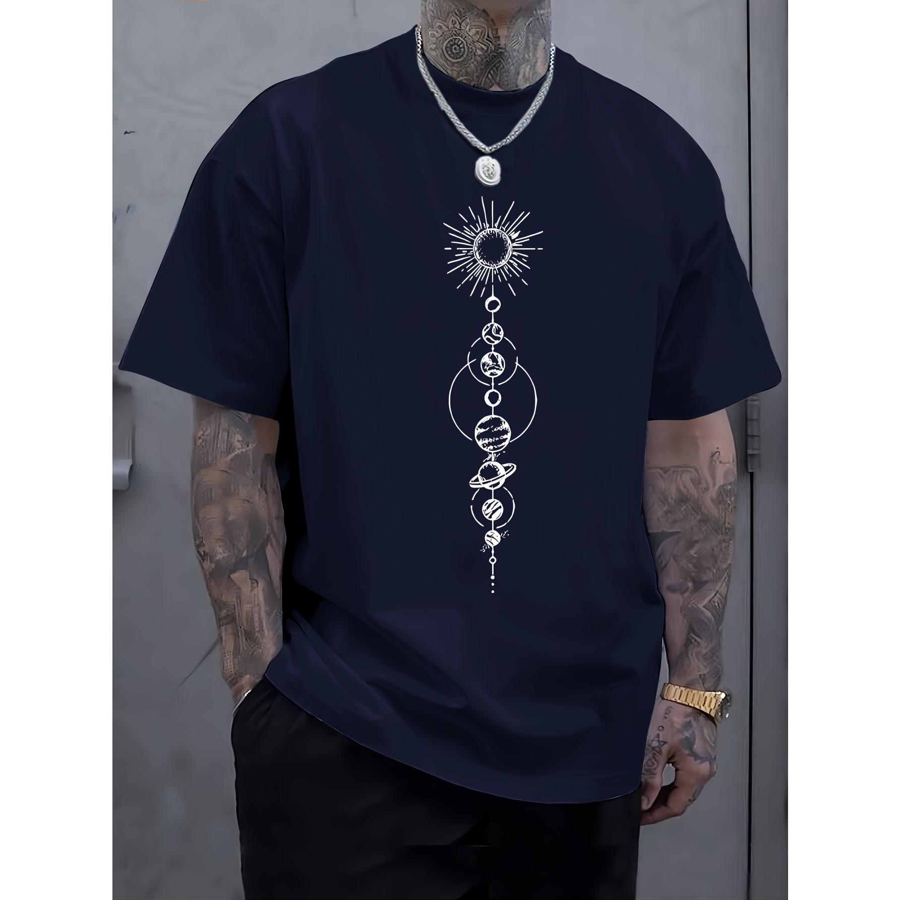 Planet Creative Print Men's Short Sleeve T-Shirt, Casual Round Neck Top, Versatile And Comfortable Tee, Spring& Summer Collection