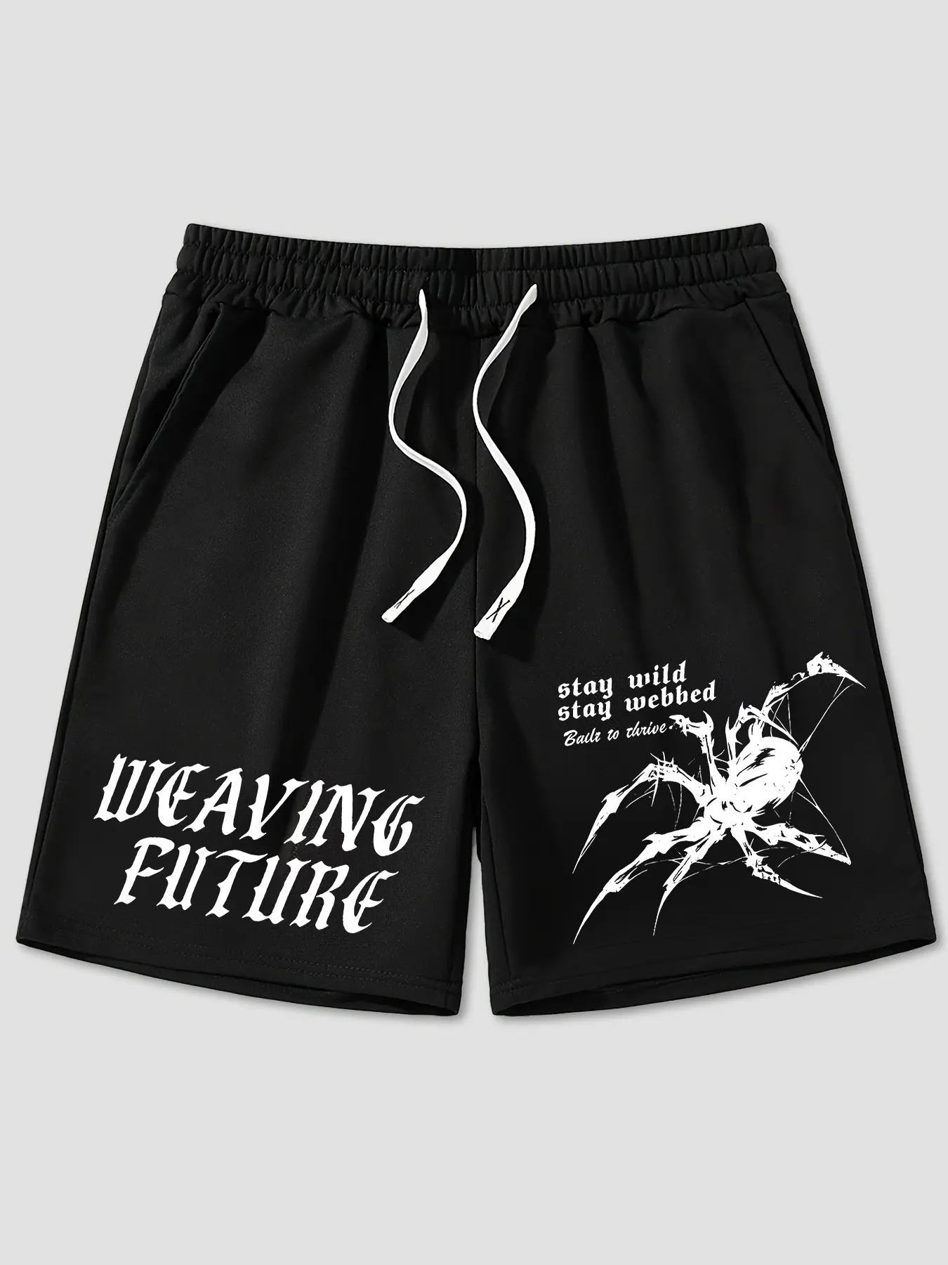 Men's Spider Graphic Shorts - "Weaving Future" Gothic Font Print Black Lightweight Shorts, Drawstring Waist Loose Fit, Breathable Summer Streetwear for Punk Outfits