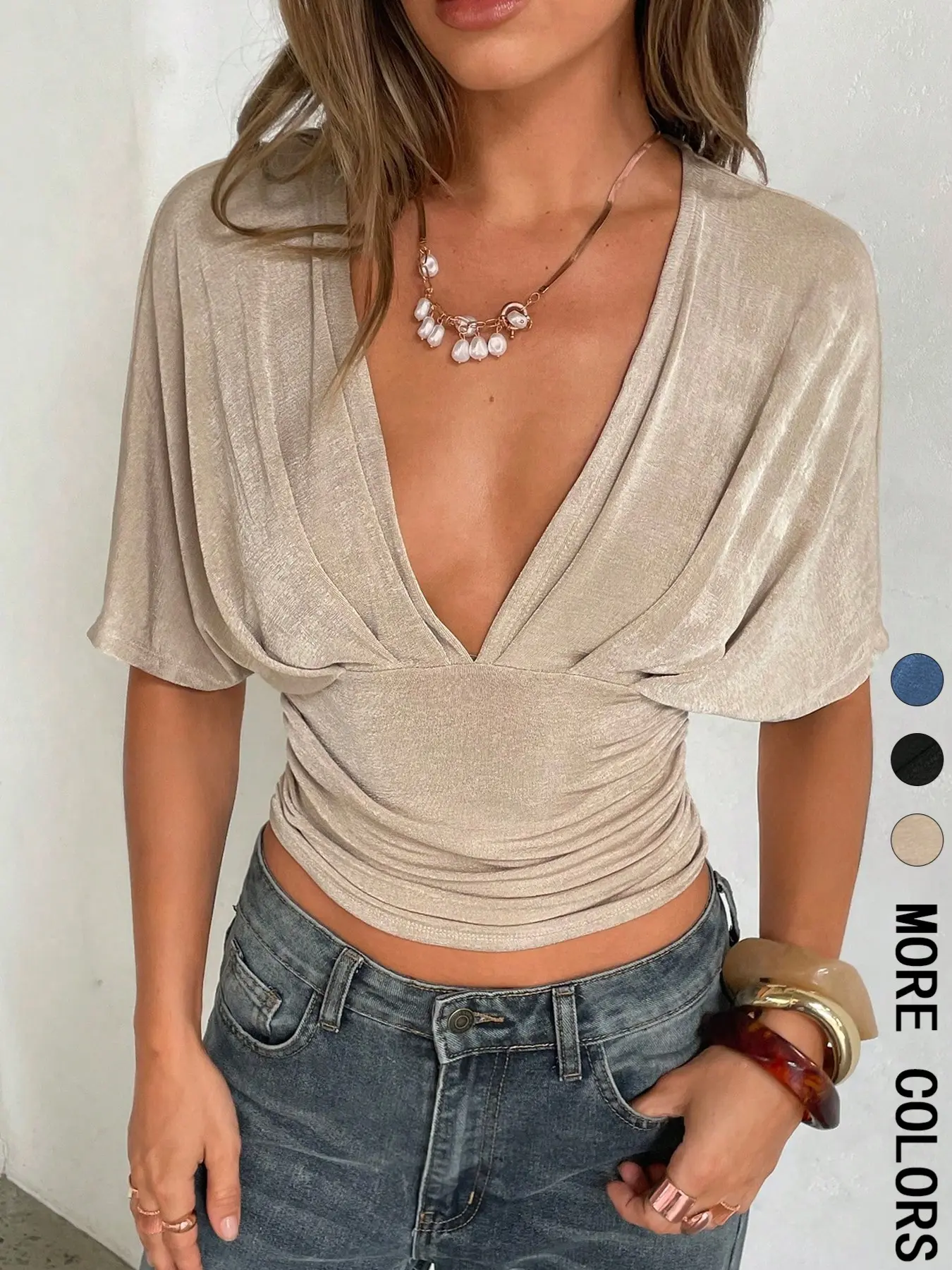 Women's Summer Batwing Deep V Folded Short Sleeve Slim Fit Waist T-Shirt Top, Casual Daily Wear, Feminine, Perfect for Dates and Parties, Plain Pattern, Minimalist, No Zipper or Button