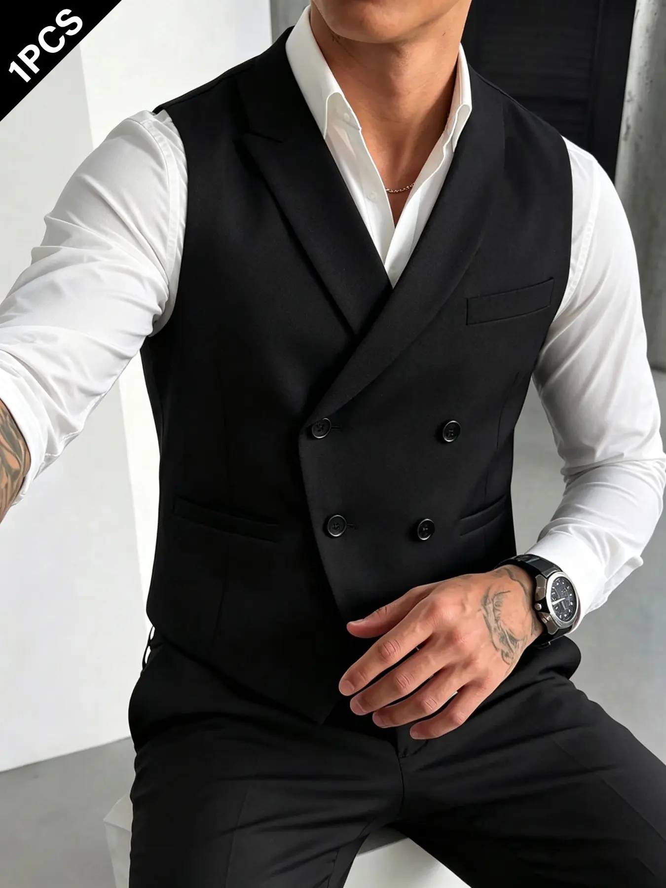 Men's Business Casual Vest Jacket, Pure Color Double Button Design, Elegant V Neck Sleeveless Waistcoat for Spring & Fall Office Wear, Suit Vests