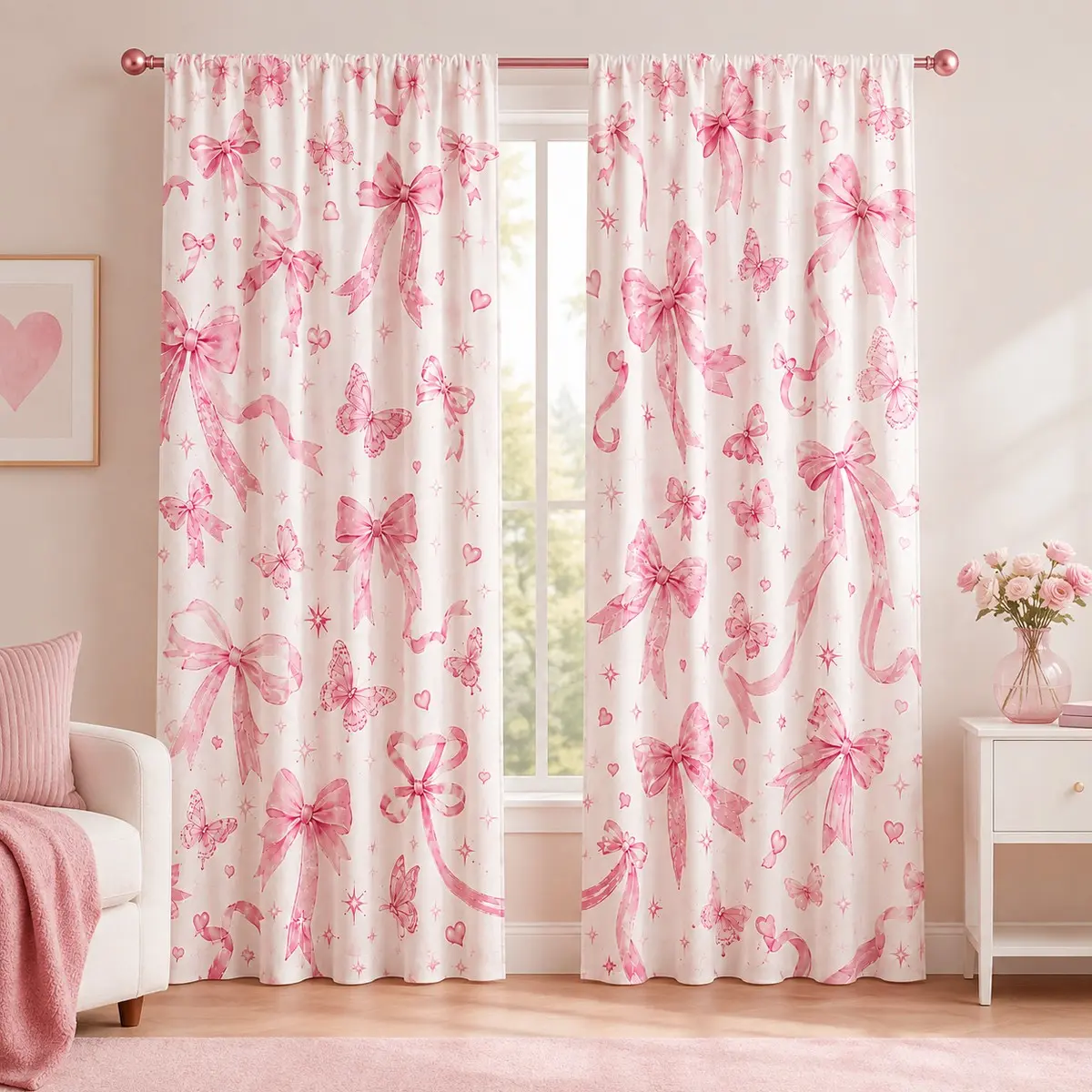 2pcs  pink and white bow-adorned semi-blackout curtains. A soft, girly watercolor-style fabric curtain with pocket rod installation. Made of polyester, suitable for bedrooms, kitchens, studies, etc.