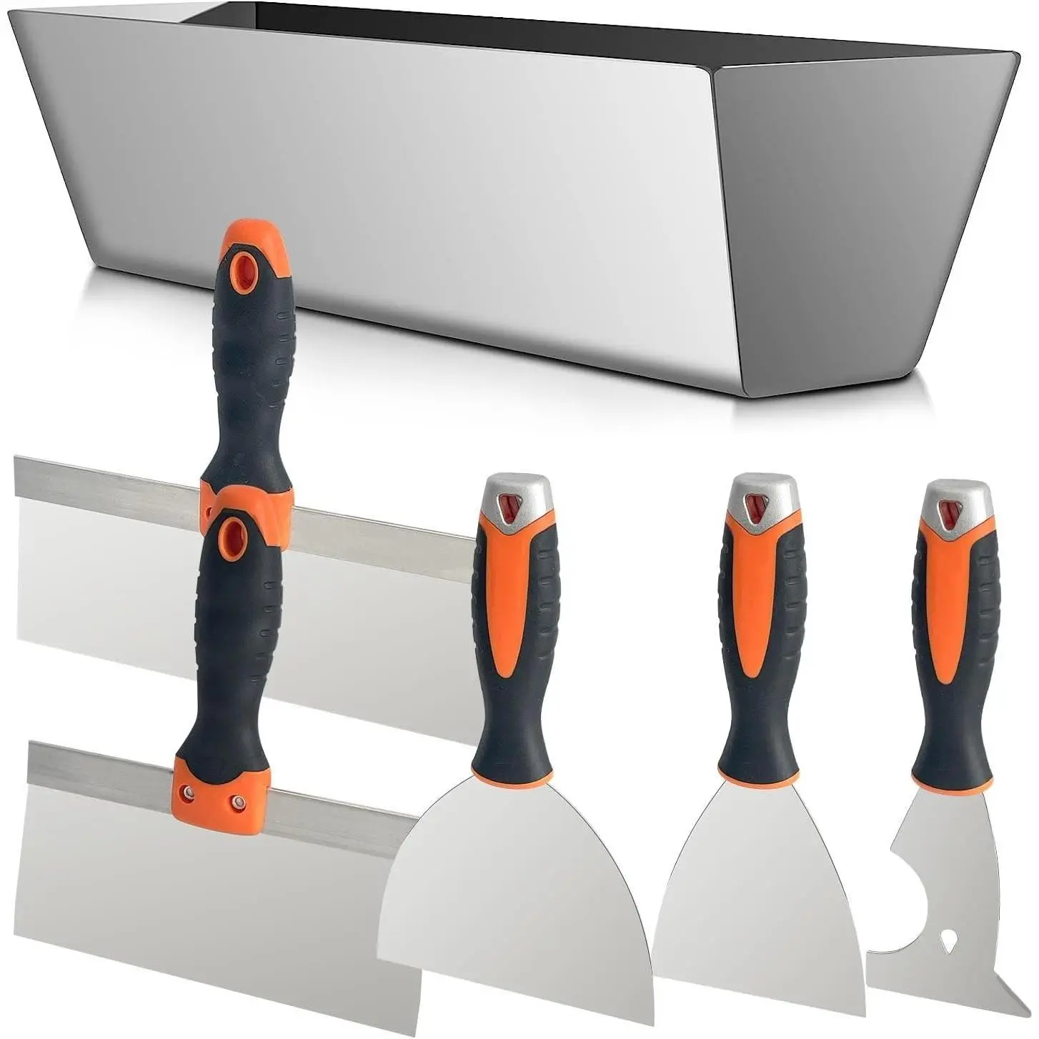 Drywall Hand Tool Kit 5Pcs Stainless Steel Putty Knife Scrapers Taping Knife with Mud Pan for Drywall Repairing Paint Scraping and Wallpaper Removing (6pcs-O)