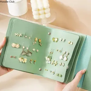 Portable Travel Earring Organizer PU Leather Foldable Book Design Jewelry Storage Case Ear Stud Holder Necklace Ring Display Organizer Compact Jewelry Box for Women Travel Daily Use