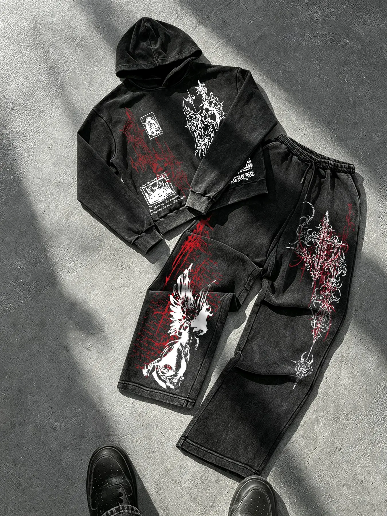 Vintage Acid Wash Black Grunge Hoodie Set - Gothic Cross Hoodie and Wings Graphic Sweatpants Two-Piece Tracksuit, Heavyweight Loose Fit Streetwear Outfit for Daily Wear, Hooded Tracksuit Set