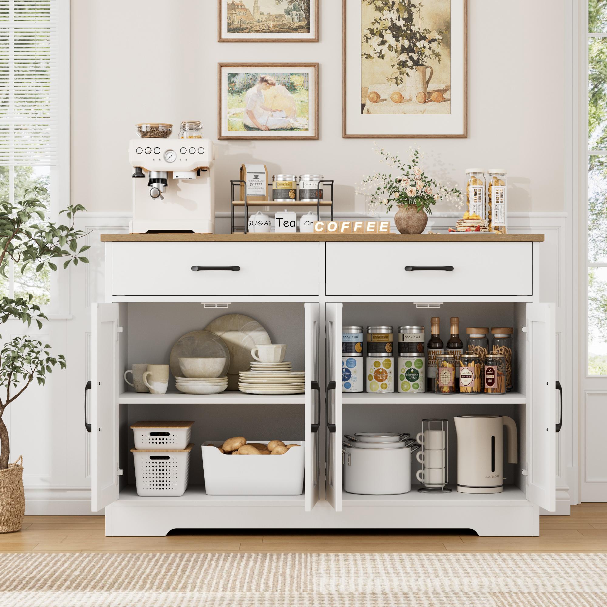 HOSTACK Buffet Cabinet, Coffee Bar with 2 Drawers, Shelves, 4 Doors, Modern Farmhouse Kitchen Sideboard Buffet, Wood Storage Cabinet