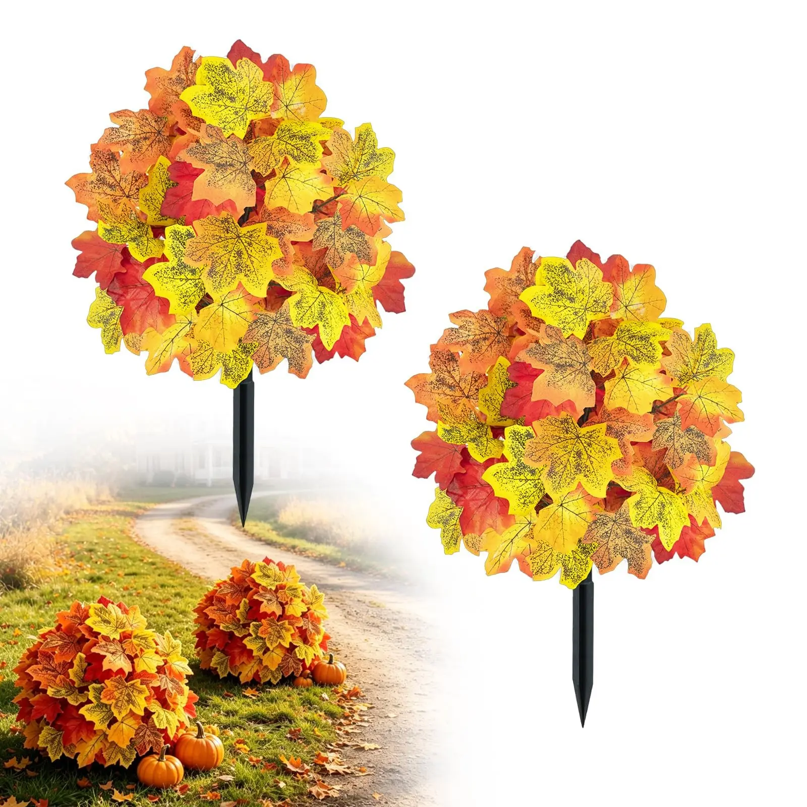 2 Pack Fall Artificial Maple Leaf Topiary Ball, Outdoor Autumn Faux Maple Sphere Bushes, Halloween Thanksgiving Decor