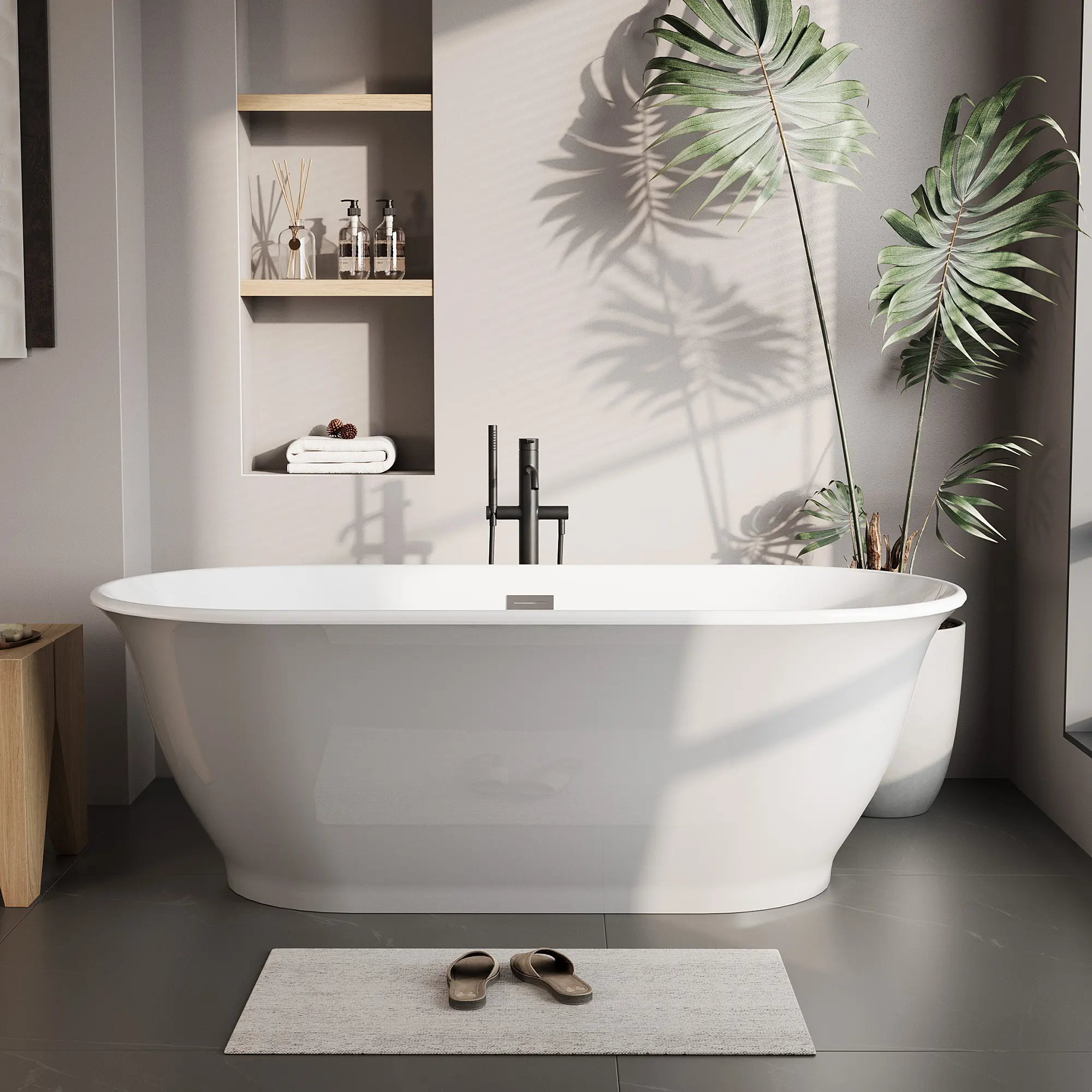 Freestanding Acrylic Bathtub,Oval-Shaped Soaking Tub, Modern Stand Alone Bathtub with Chrome Drain, Chrome Overflow and Drainage Pipe