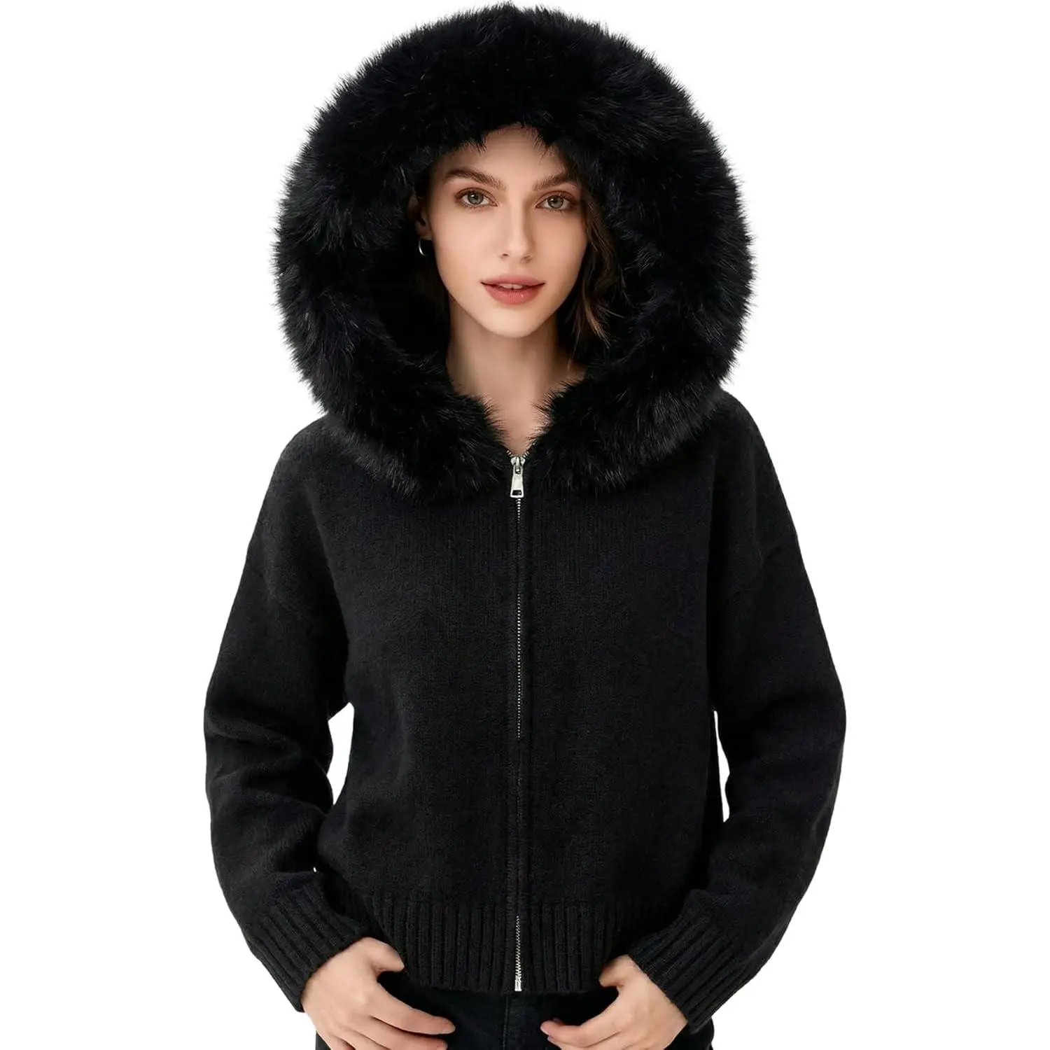 Wyeysyt Womens Faux Fur Trim Sweater Hoodie Zip Up Y2k Cardigans Long Sleeve Vintage Sweaters 2026 Knit Sweater