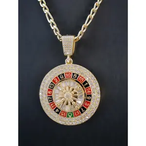 Gold Plated Spinning Roulette Pendant Prayer hand roulette Necklace with 60cm Length Figaro Chain Unisex  Jewelry for Men Women