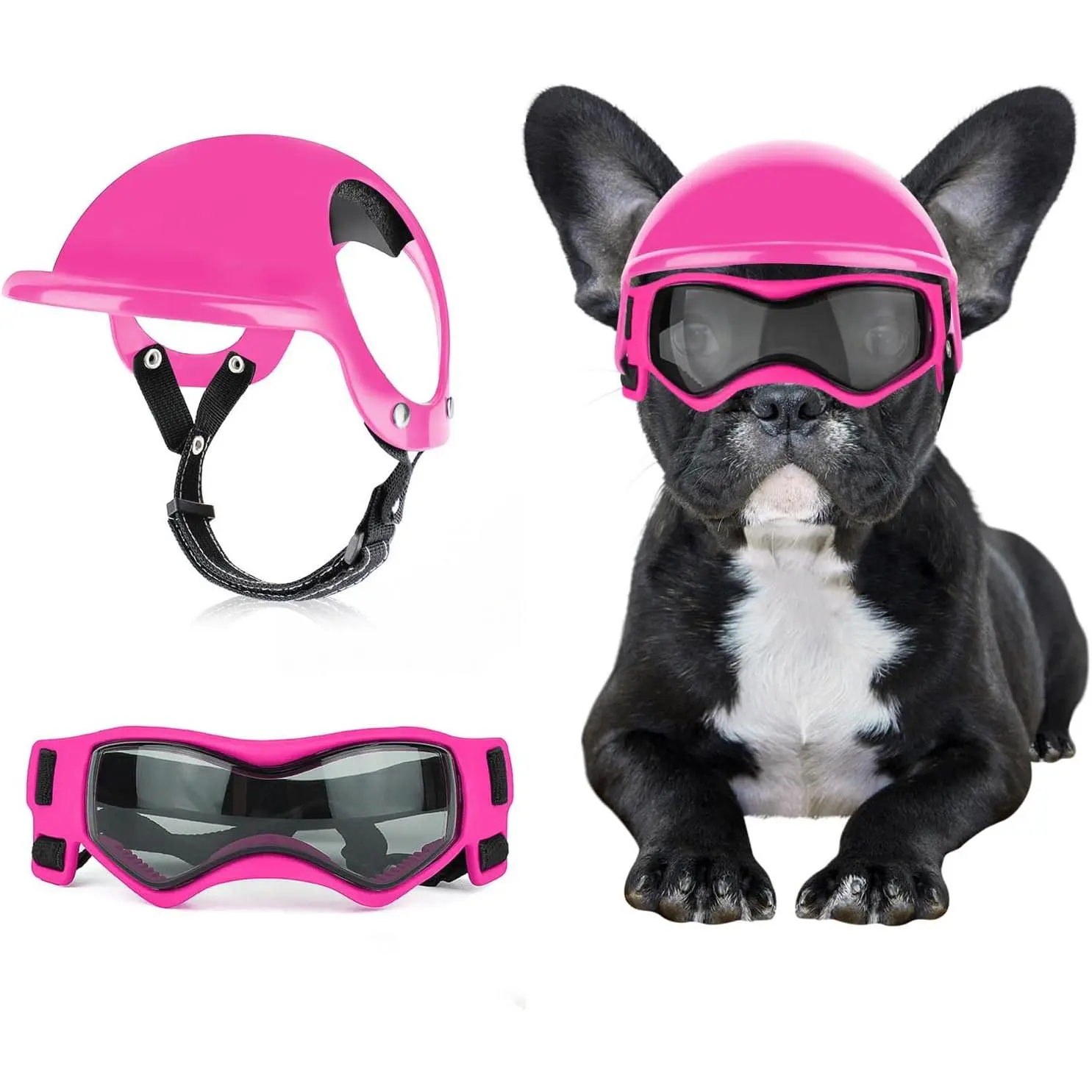 Dog Helmet with Dog Goggles for Small Dogs - Pet Motorcycle Helmet Hat with Ear Holes Adjustable Straps Safety Helmet for Puppy Riding - Pink