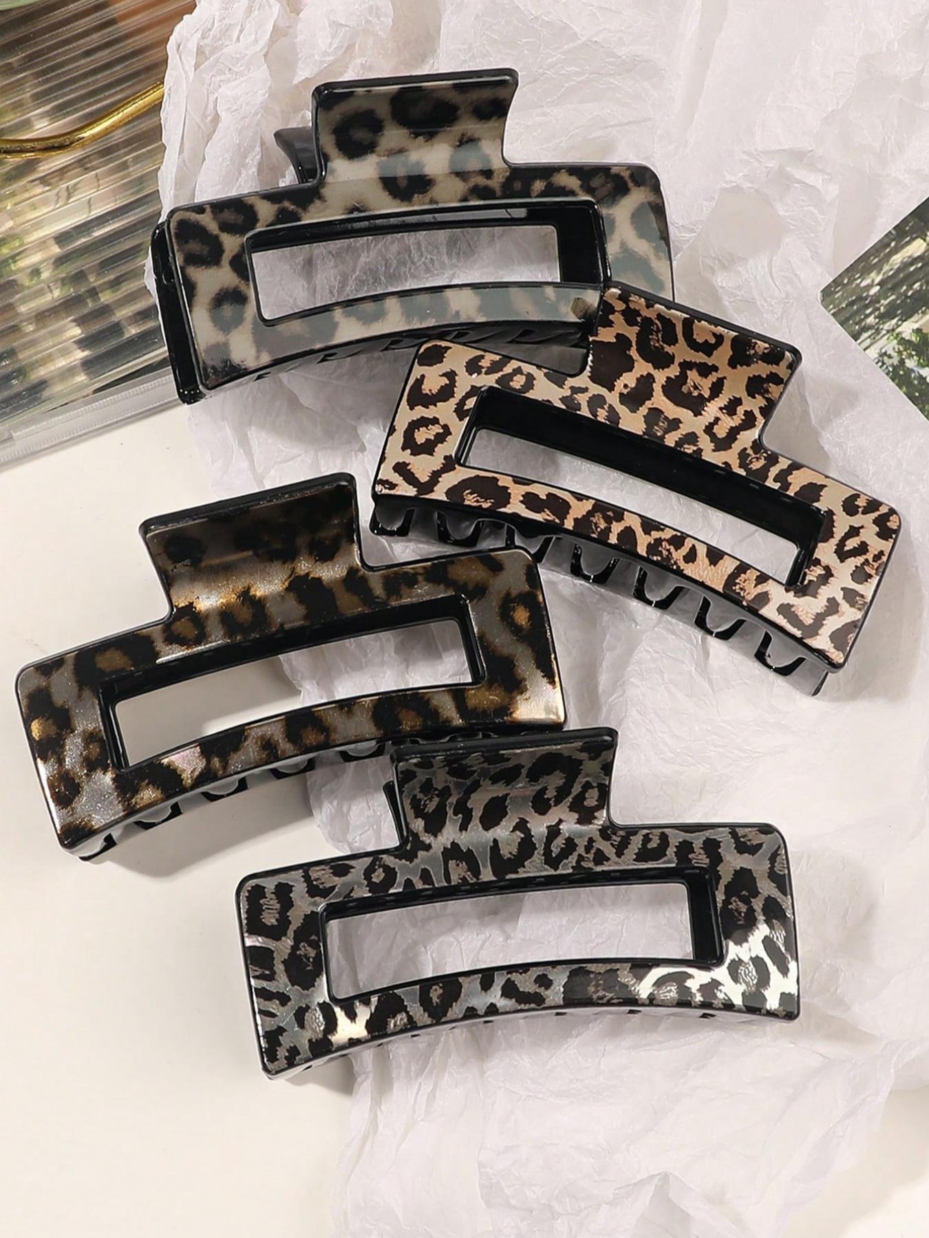 4pcs/Set Medium Leopard Print Square Hair Claws, Plastic Square Hair Clips, Damage-Free Hair Accessory, Suitable For Daily Wear, Parties, Gifts, Flat Claw Clips, Claw Clips, Hair Jaw Clip