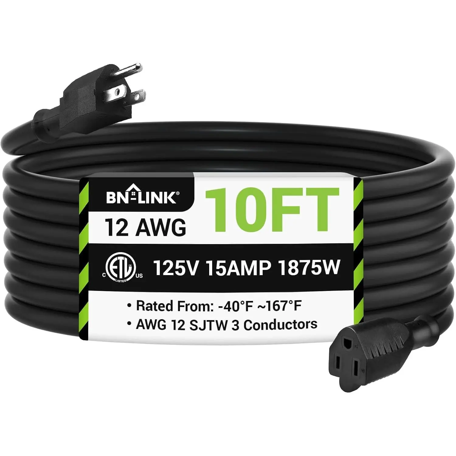 10ft SJTW Heavy Duty Outdoor Extension Cord - 12/3 SJTW Cable, 3-Prong Grounding Plug, Weatherproof, 15A Rating, 1875W, Black, for Lawn & Garden Appliances