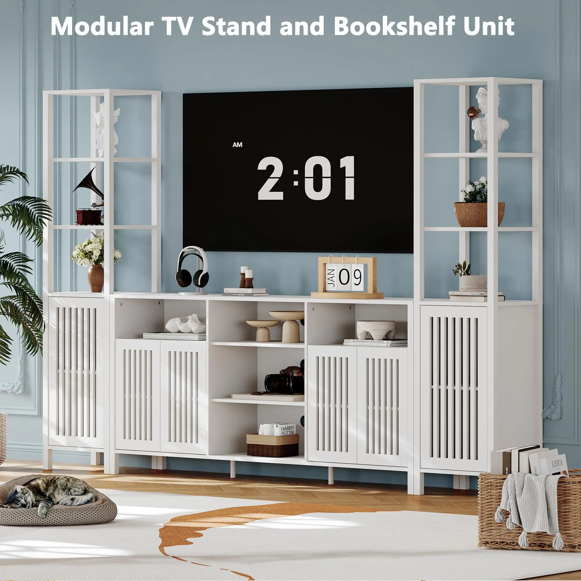 Farmhouse Entertainment Center for 70" TVs, Modular TV Console, Large TV Stand with Bookshelves