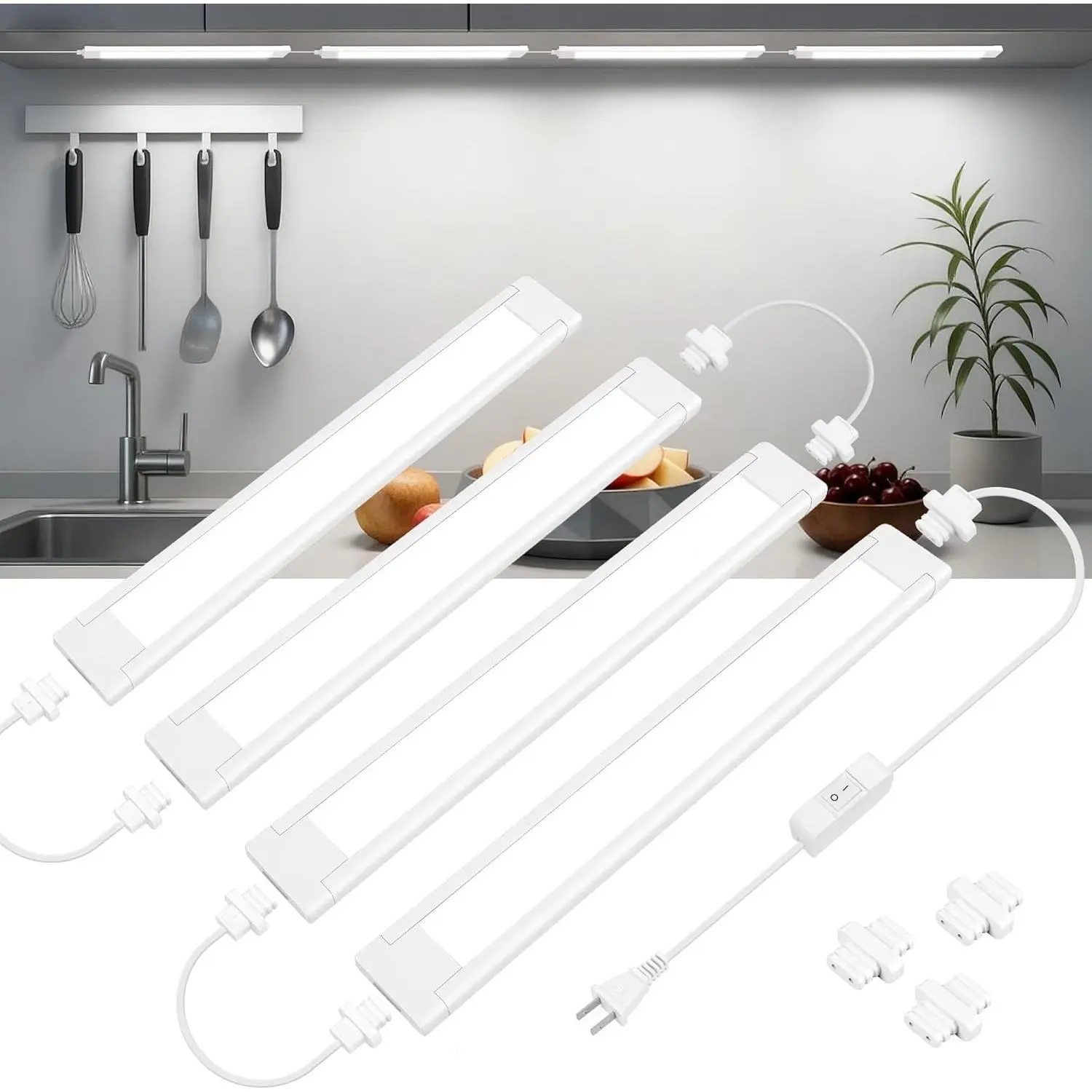 Under Cabinet Plug-in LED Bar Light, 4 Pcs 14-in Linkable Ultra Bright Plug-in Lamp, Renter-Friendly Wired Light for Kitchen Cabinet Counter Workbench