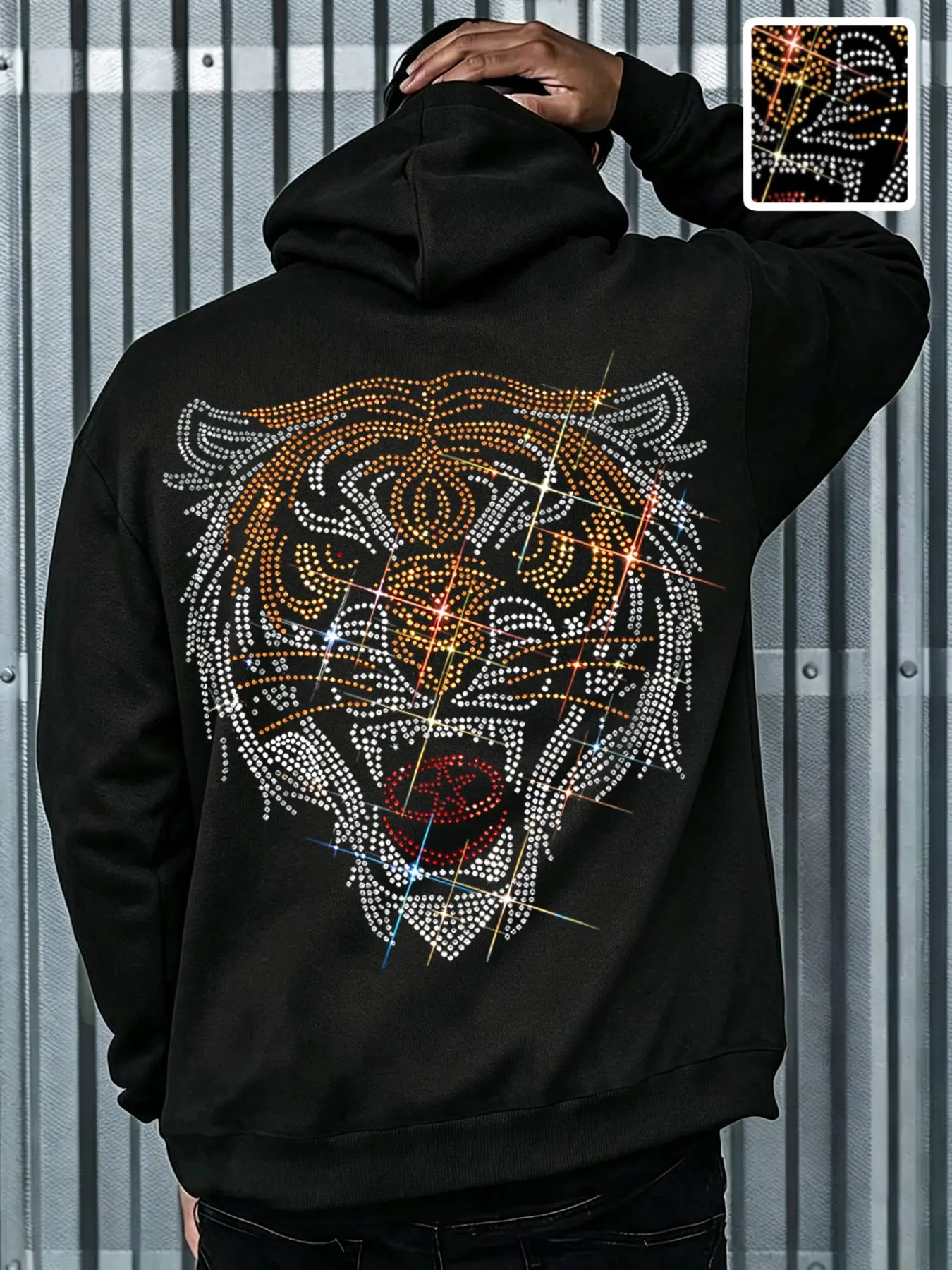 American Loose Rhinestone Hoodie, Back Tiger Head Rhinestone Print, Silver Gold Flash Drills, Men's Fall Winter Warm Pullover