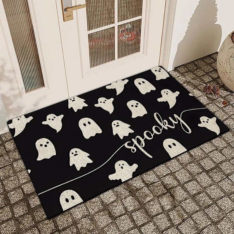1 Pc Halloween Ghost Black Background Door Mat With Linen Surface Diatomaceous Earth Anti Slip And Absorbent Entrance Door Mat Indoor And Outdoor Printed Door Mat Holiday Home Decoration Decorative Rug