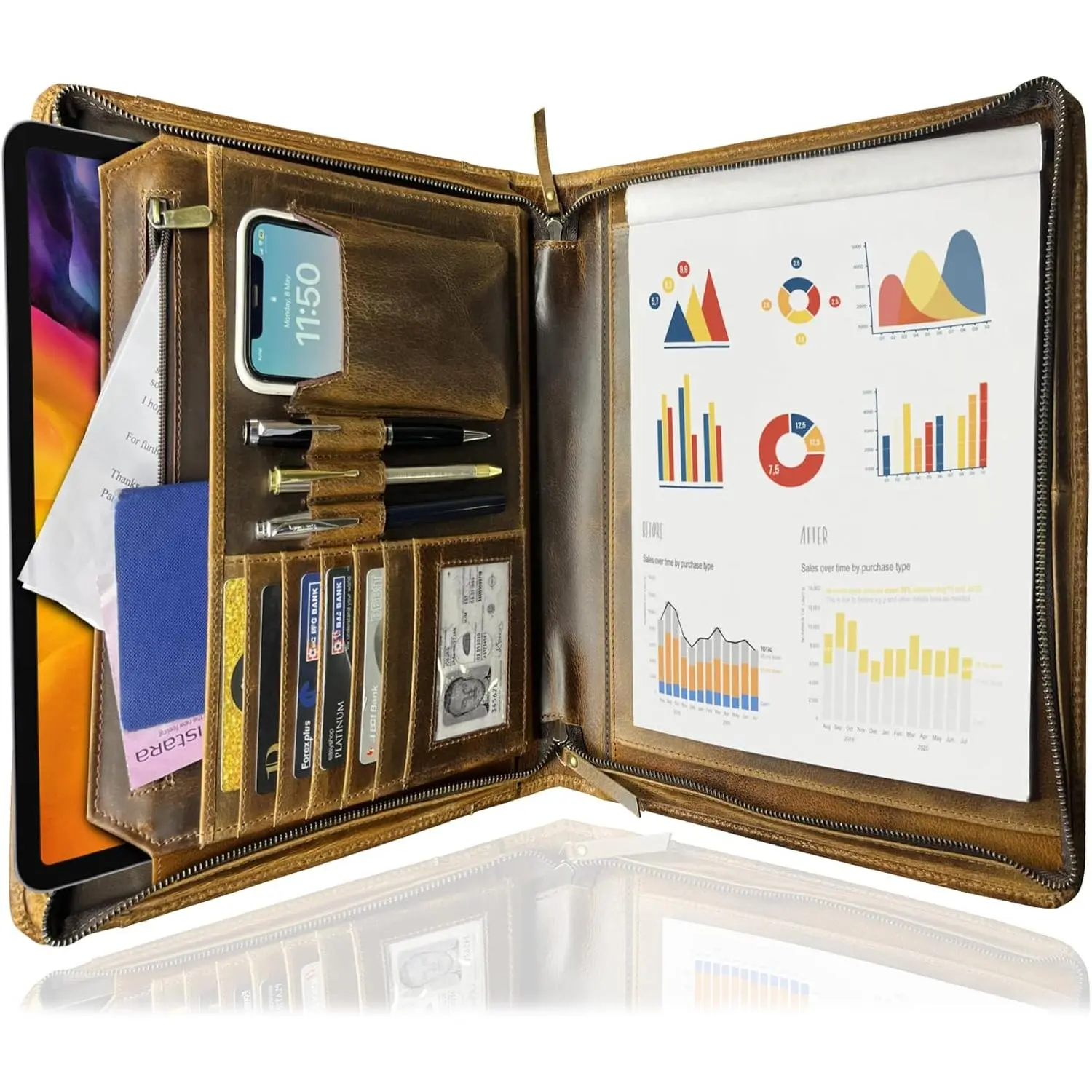 Leather Portfolio for Men - A4 Zippered Padfolio, Professional Organizer | Fits 12.9 inch Tablets/iPad,Secure Pockets for Documents, Cards, Pens & ID, Conference Folder  for Graduates & Executives