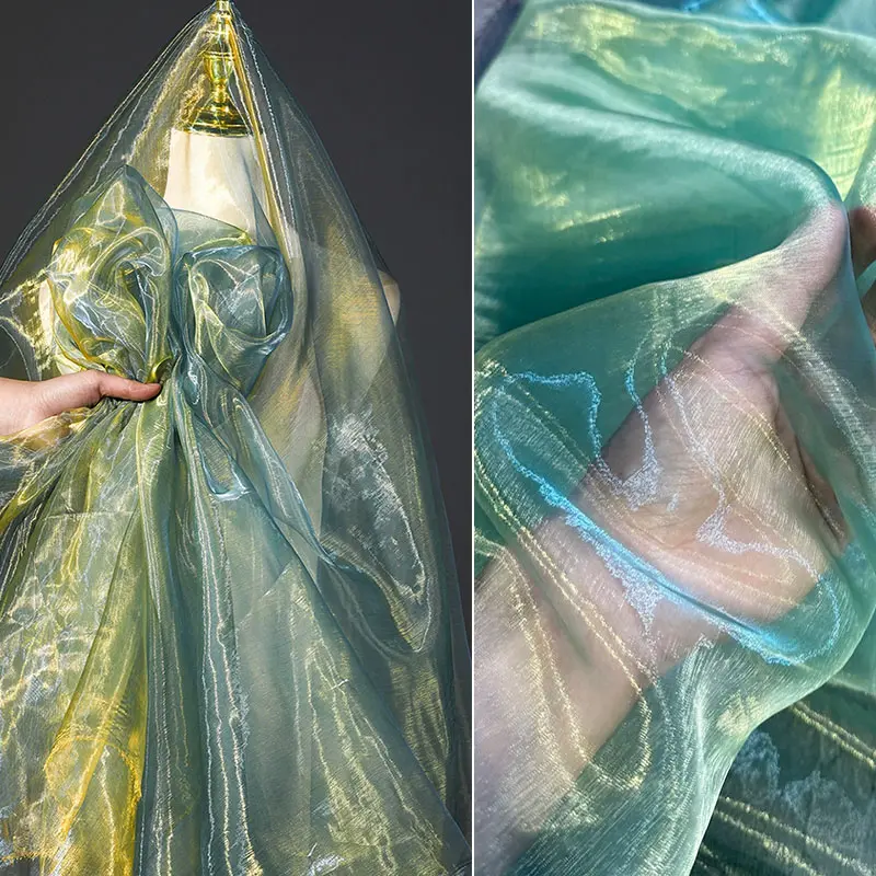 Green-Gold 2-Tone Shimmering Sheer Mesh Fabric - Lightweight Breathable Textile for DIY Crafts, Apparel
