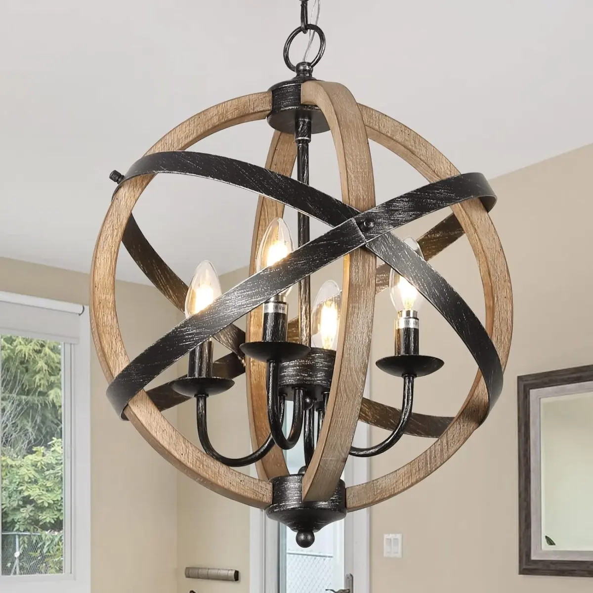 Rustic White Solid Wood-Metal 4-Light Chandelier, 16x16x16.4in, Height-Adjustable Black Chain, Dimmable 4 E12 Sockets, Farmhouse Shabby Chic Ceiling Lighting, Decorative Hanging Dimming Home Decoration Lamp for Dining Room, Kitchen