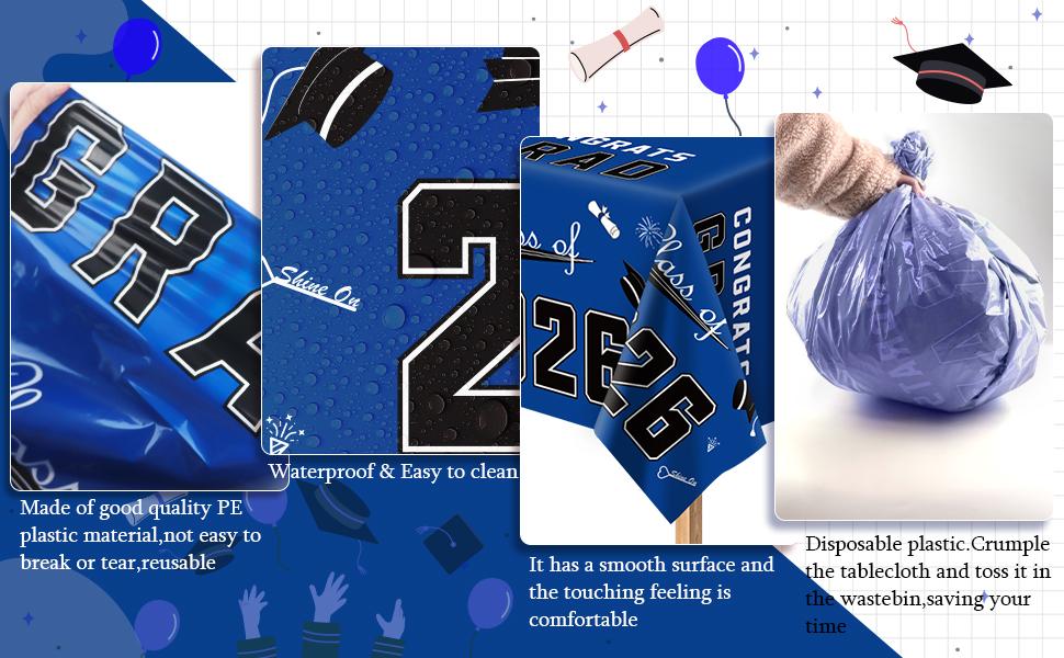 Graduation Decorations 2026 - Graduation Party Decorations 2026 - Disposable Plastic Blue Tablecloth for Class of 2026 Decorations Party Favors Supplies Banner,54" X 108",2 Pack